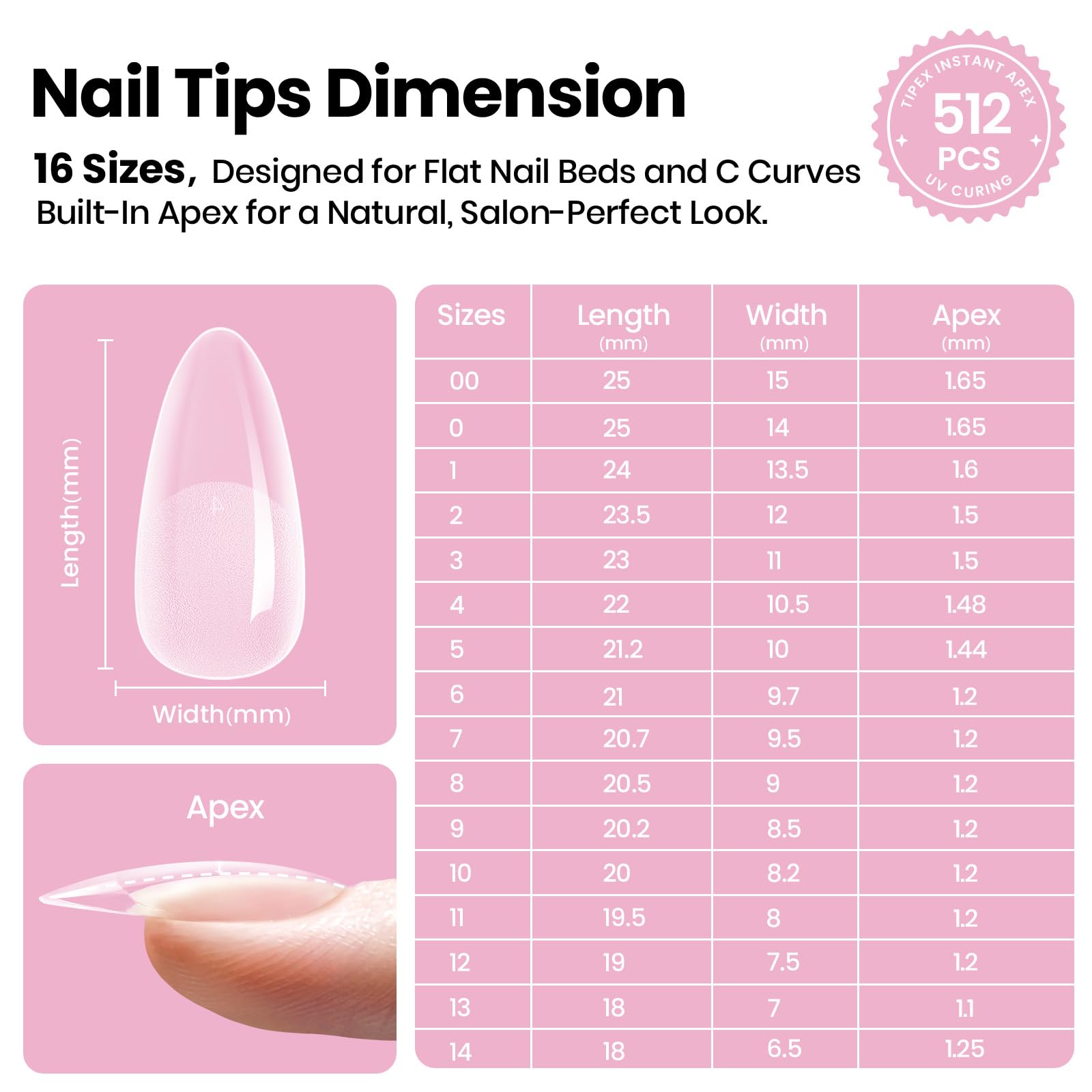 Beetles Tipex Lite Apex Nail Tips Almond Medium | 512pcs, 16 Sizes, Pre-Built & Pre-Etched