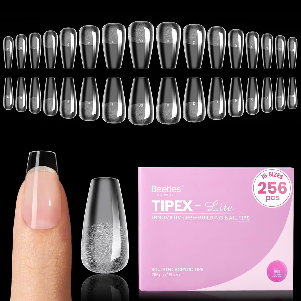Beetles Tipex Lite Apex Nail Tips – Coffin Short, 256pcs, 16 Sizes, Pre-Built Apex