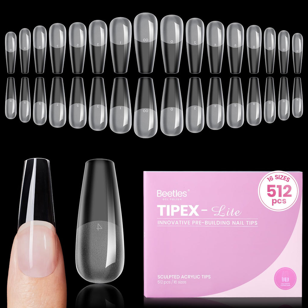 Beetles Gel Polish Tipex Lite Apex Nail Tips – Coffin Long, 512pcs, 16 Sizes, Pre-Built & Pre-Etched