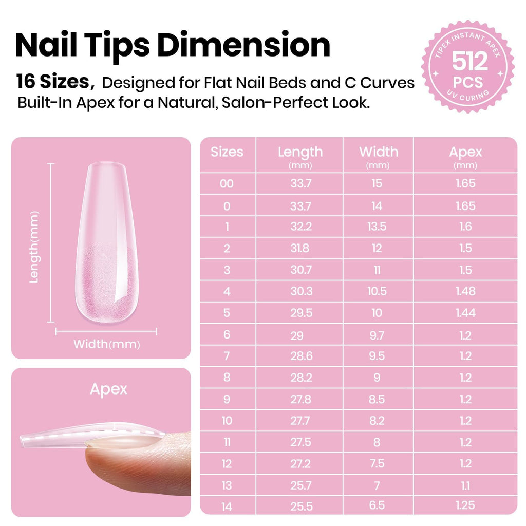 Beetles Gel Polish Tipex Lite Apex Nail Tips – Coffin Long, 512pcs, 16 Sizes, Pre-Built & Pre-Etched