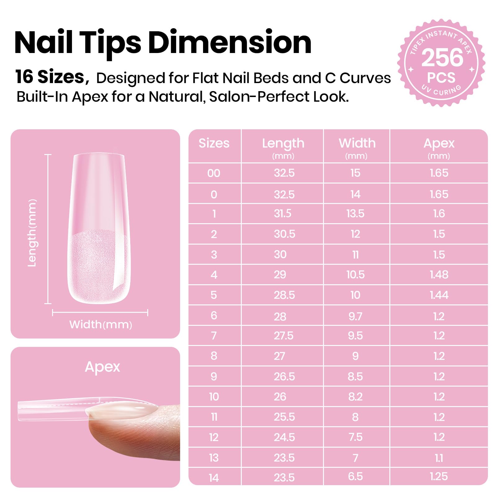 Beetles Tipex Lite Apex Nail Tips – Square Long, 256pcs, 16 Sizes (00–14)