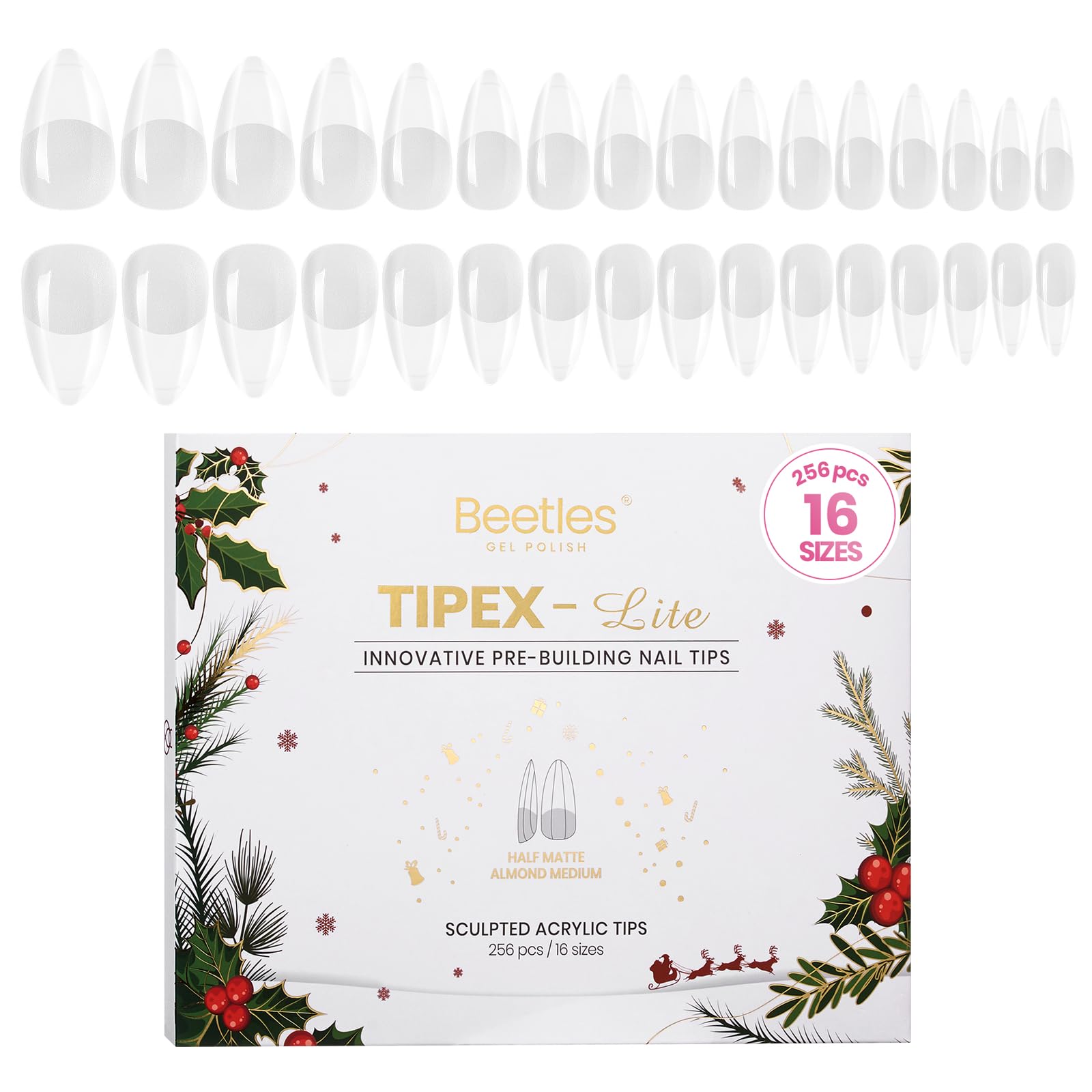 Beetles Tipex Lite Apex Nail Tips – Almond Medium, 256pcs, 16 Sizes | Pre-Built & Pre-Etched for Flat Nails
