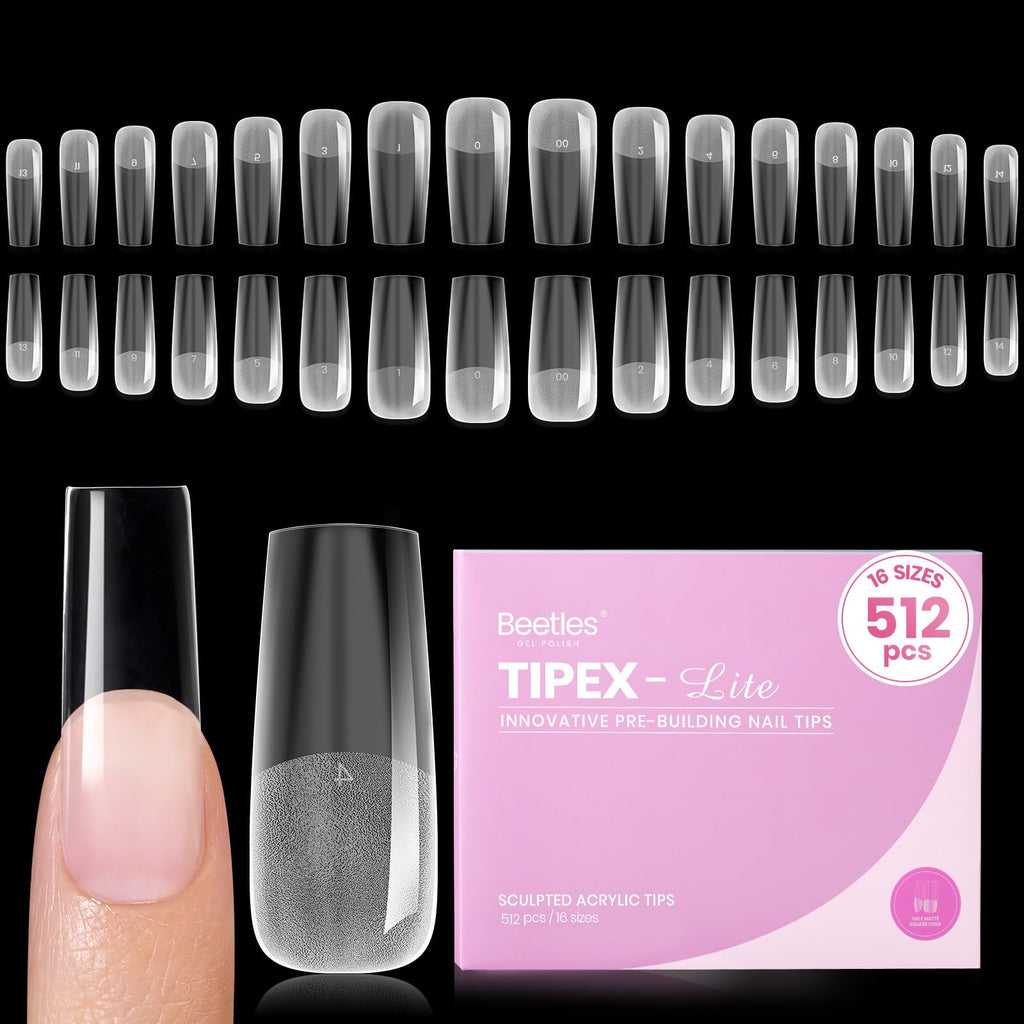Beetles Tipex Lite Apex Nail Tips – Square Long, 512pcs, 16 Sizes, Pre-Built & Pre-Etched