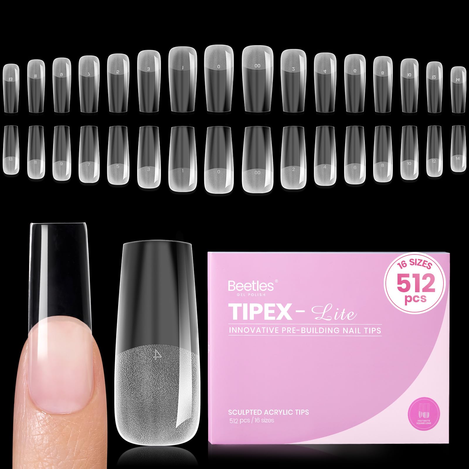 Beetles Tipex Lite Apex Nail Tips – Square Long, 512pcs, 16 Sizes, Pre-Built & Pre-Etched