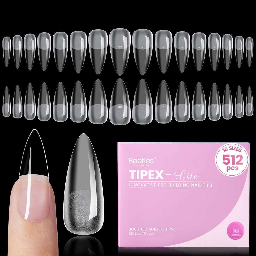 Beetles Tipex Lite Apex Nail Tips – Stiletto Medium, 512pc, 16 Sizes, Pre-Built & Pre-Etched