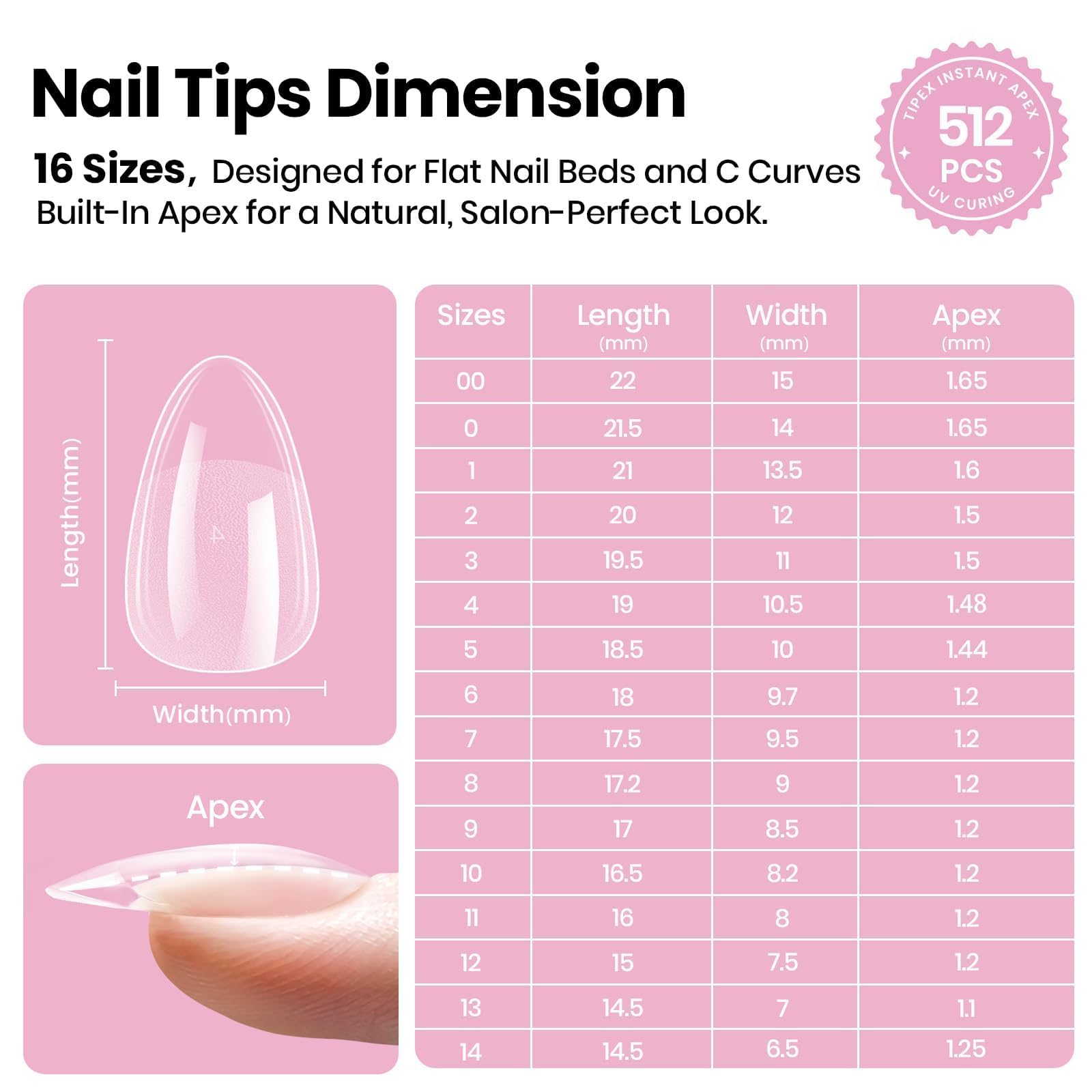 Beetles Tipex Lite Apex Nail Tips – Almond Short, 512pcs, 16 Sizes, Pre-Built & Pre-Etched