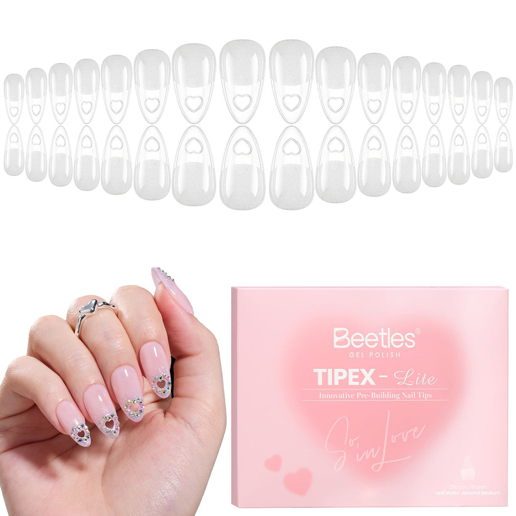 Beetles Tipex Lite Valentine’s Heart Cutout Nail Tips – Almond Medium, 256pcs, 16 Sizes