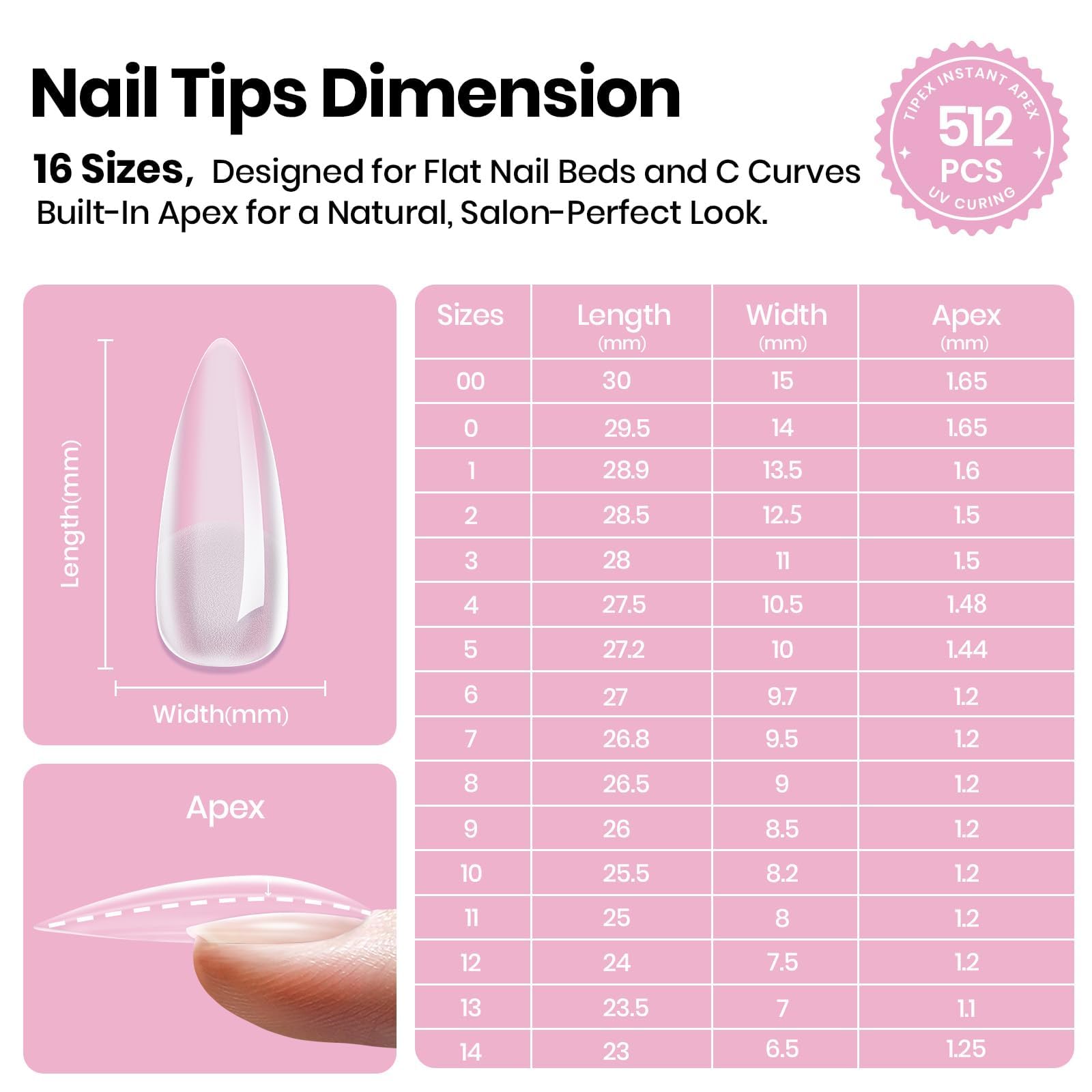 Beetles Tipex Lite Apex Nail Tips – Stiletto Medium, 512pc, 16 Sizes, Pre-Built & Pre-Etched