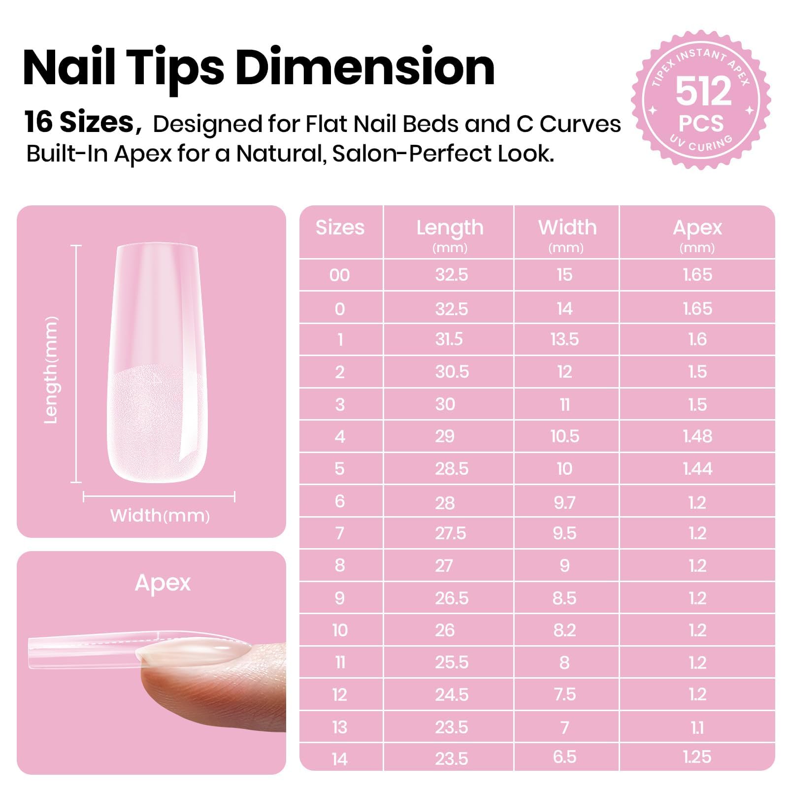 Beetles Tipex Lite Apex Nail Tips – Square Long, 512pcs, 16 Sizes, Pre-Built & Pre-Etched