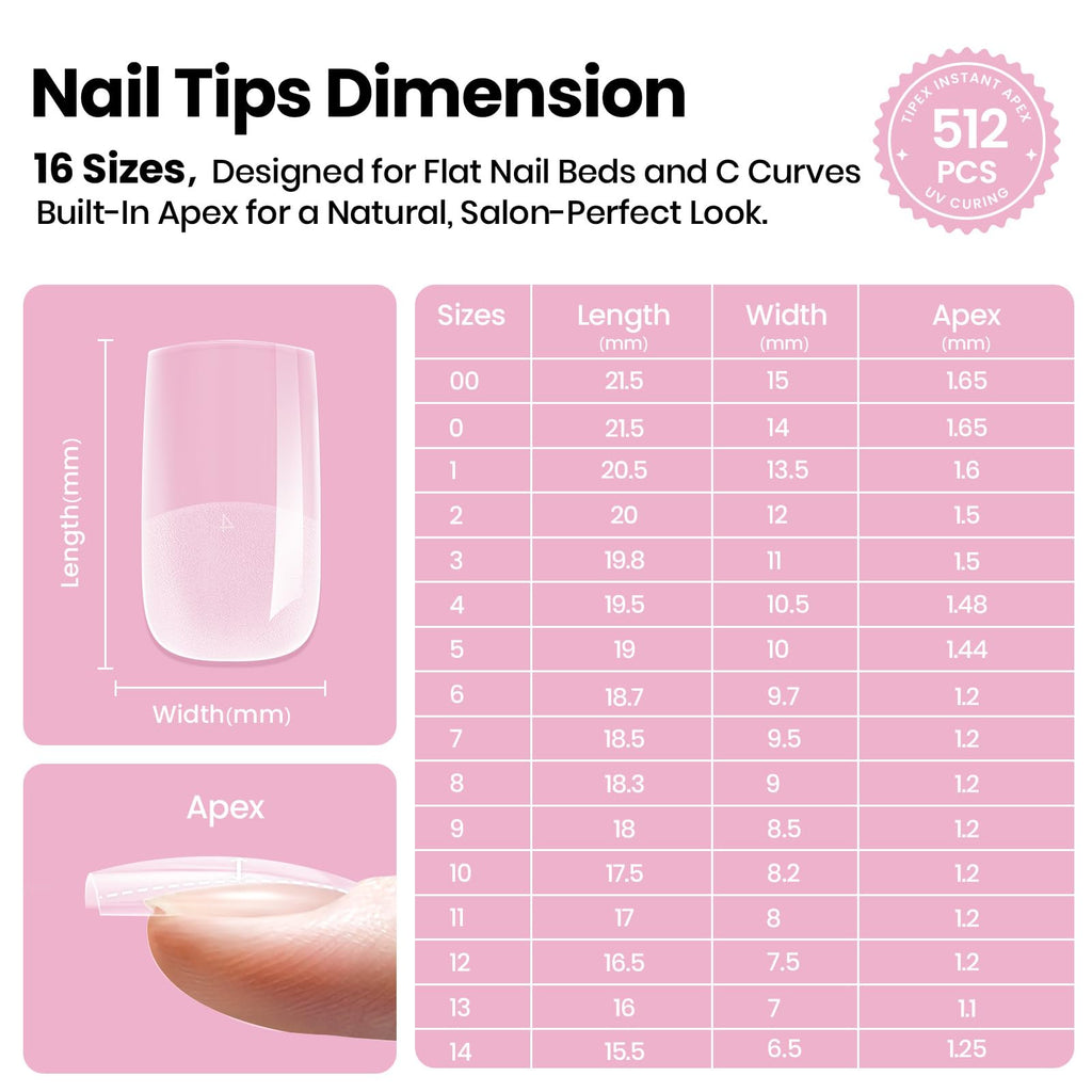 Beetles Tipex Lite Apex Nail Tips – Square Short, 512pcs, Pre-Etched & Pre-Built
