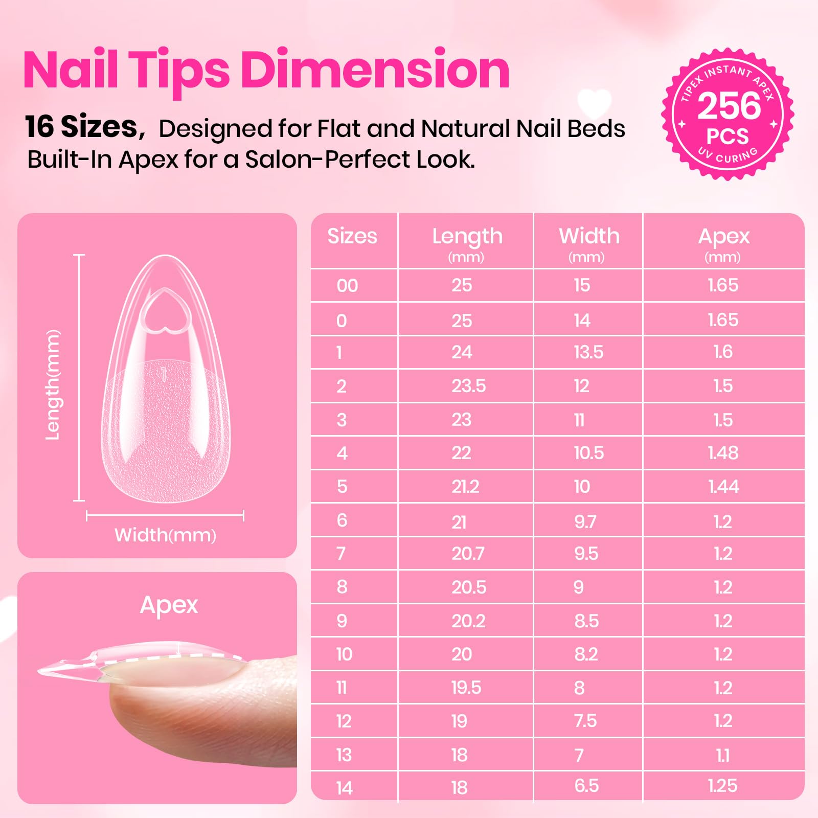 Beetles Tipex Lite Valentine’s Heart Cutout Nail Tips – Almond Medium, 256pcs, 16 Sizes