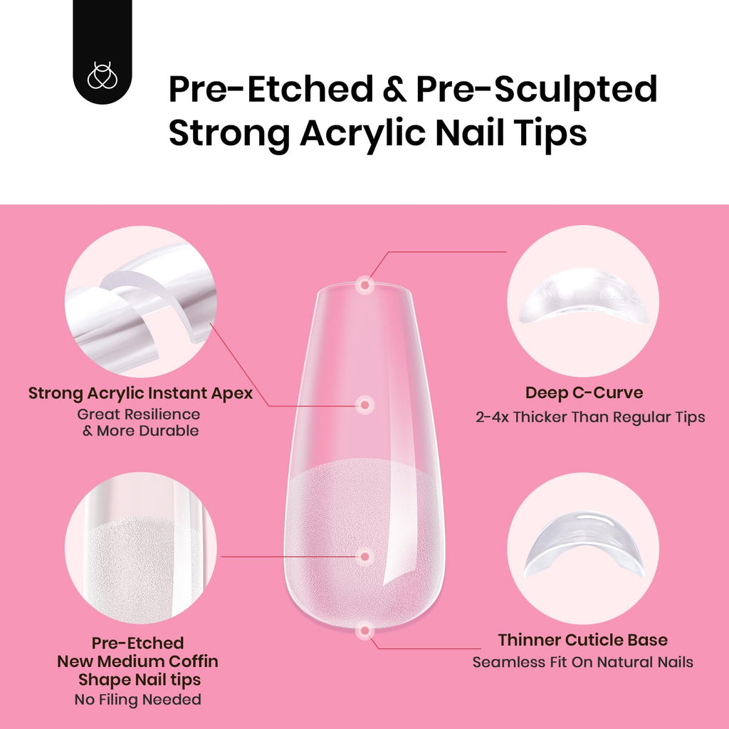 Beetles Tipex Nail Tips Kit Medium Coffin – 224 Pcs, 16 Sizes, Pre-etched, Stronger Acrylic Tips + Mini UV Lamp