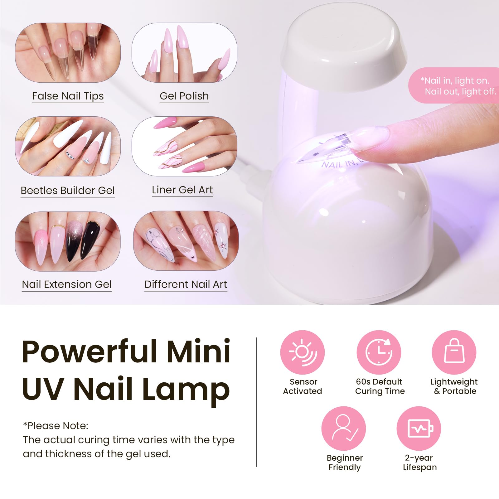 Beetles Tipex Instant Apex Nail Tips Kit — Stiletto Long, 224 Tips in 16 Sizes + Mini UV Lamp
