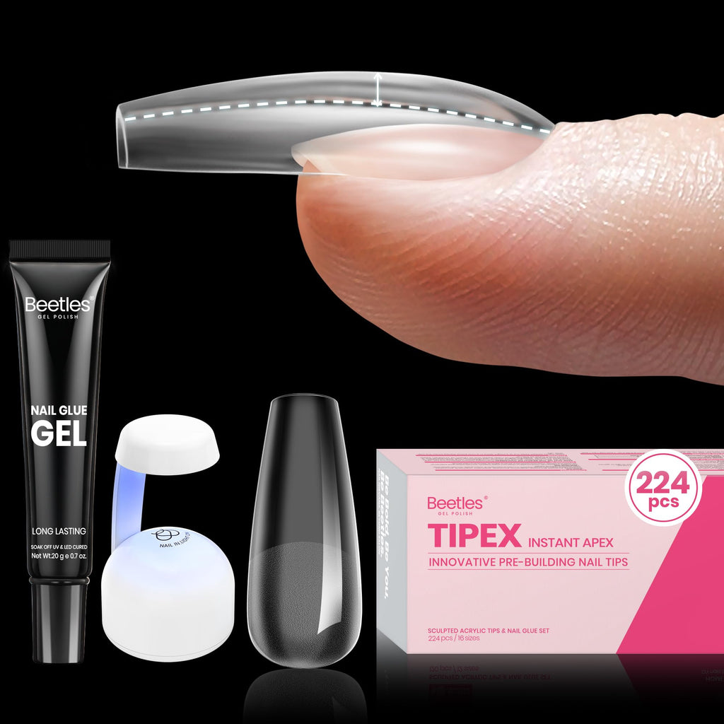 Beetles Tipex Nail Tips Kit Medium Coffin – 224 Pcs, 16 Sizes, Pre-etched, Stronger Acrylic Tips + Mini UV Lamp