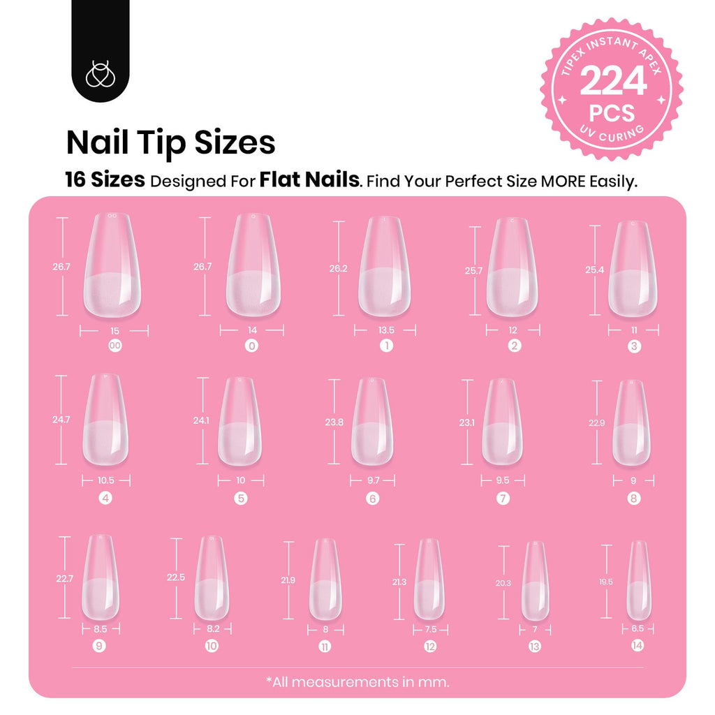 Beetles Tipex Nail Tips Kit Medium Coffin – 224 Pcs, 16 Sizes, Pre-etched, Stronger Acrylic Tips + Mini UV Lamp
