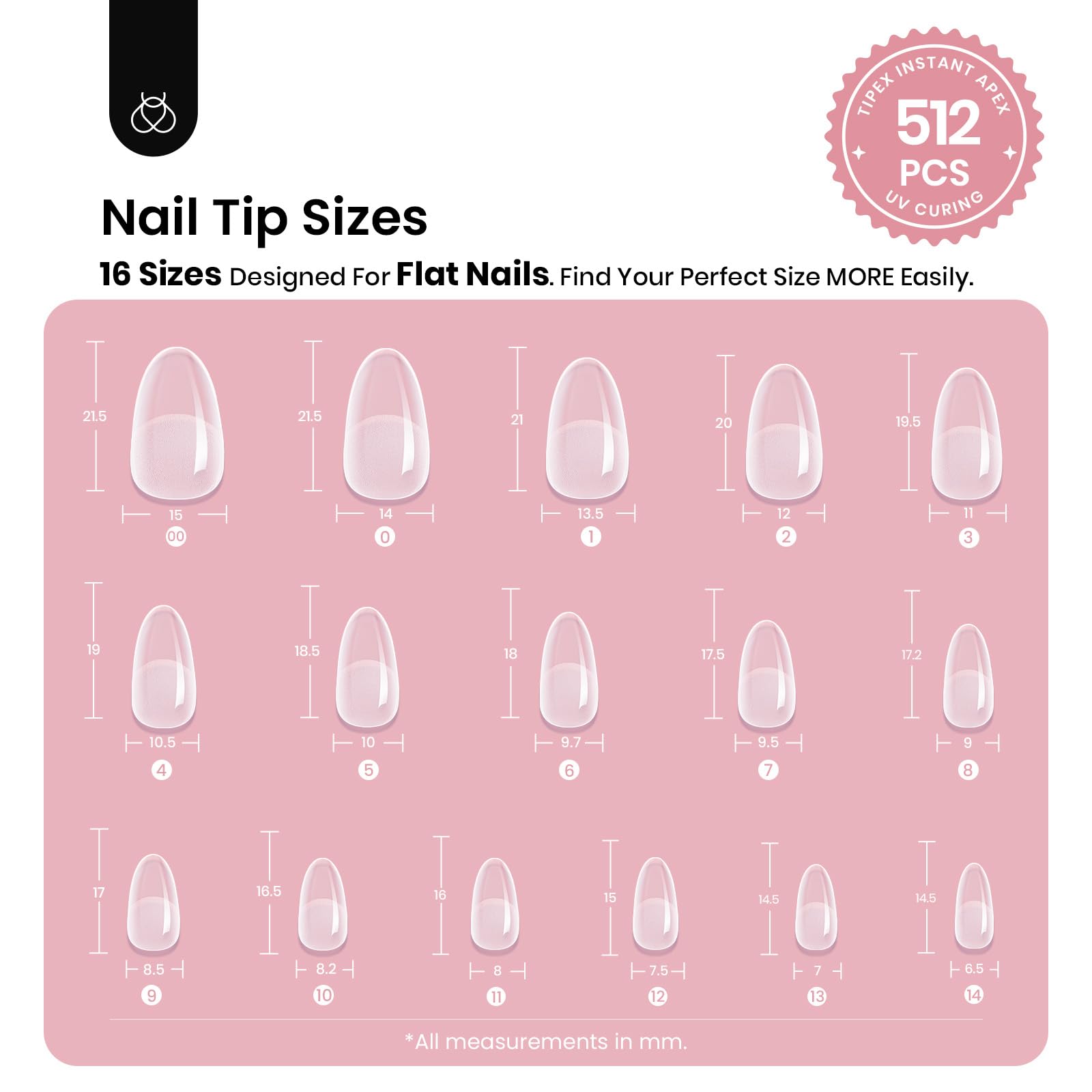 Beetles Tipex Instant Apex Nail Tips – Short Oval, 512 Pcs, 16 Sizes (Pre-Built & Pre-Etched)