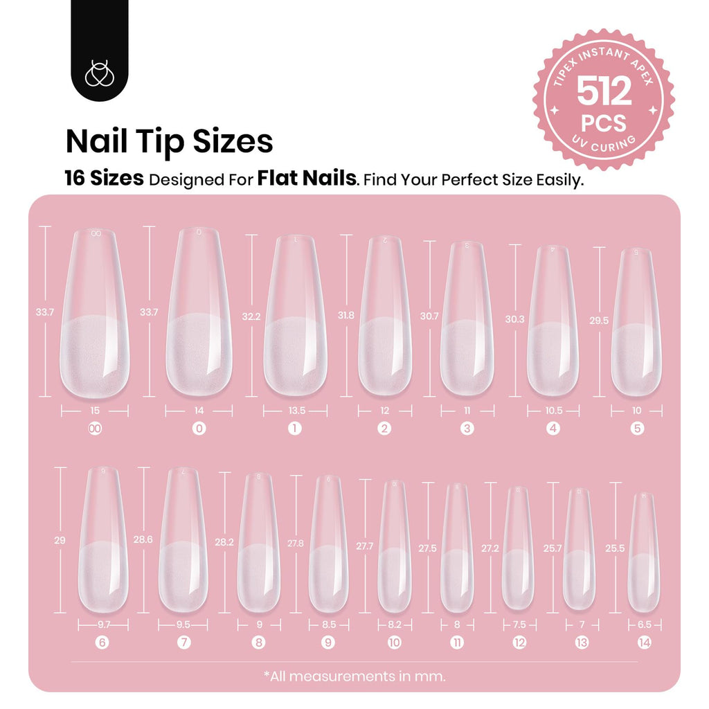 Beetles Tipex Instant Apex Nail Tips – Coffin Long, 16 Sizes, 512 Pcs, Pre-Etched & Pre-Built