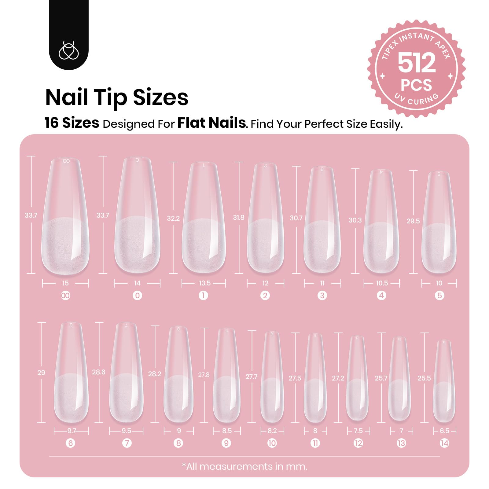 Beetles Tipex Instant Apex Nail Tips – Coffin Long, 16 Sizes, 512 Pcs, Pre-Etched & Pre-Built