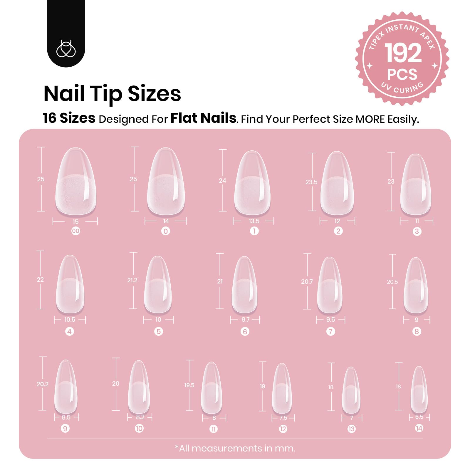 Beetles Tipex Instant Apex Nail Tips – 192 Pcs, 16 Sizes, Full-Cover