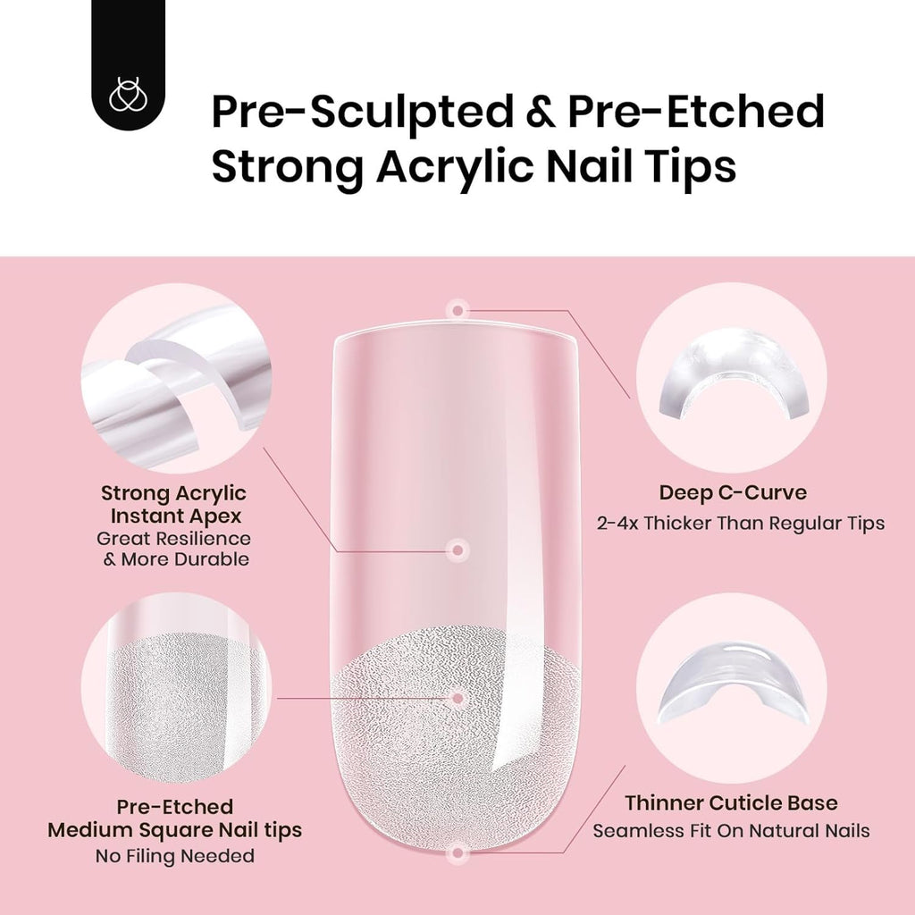Beetles Tipex Nail Tips Kit Square Medium – 224 Pcs, 16 Sizes, Mini UV Lamp & Glue