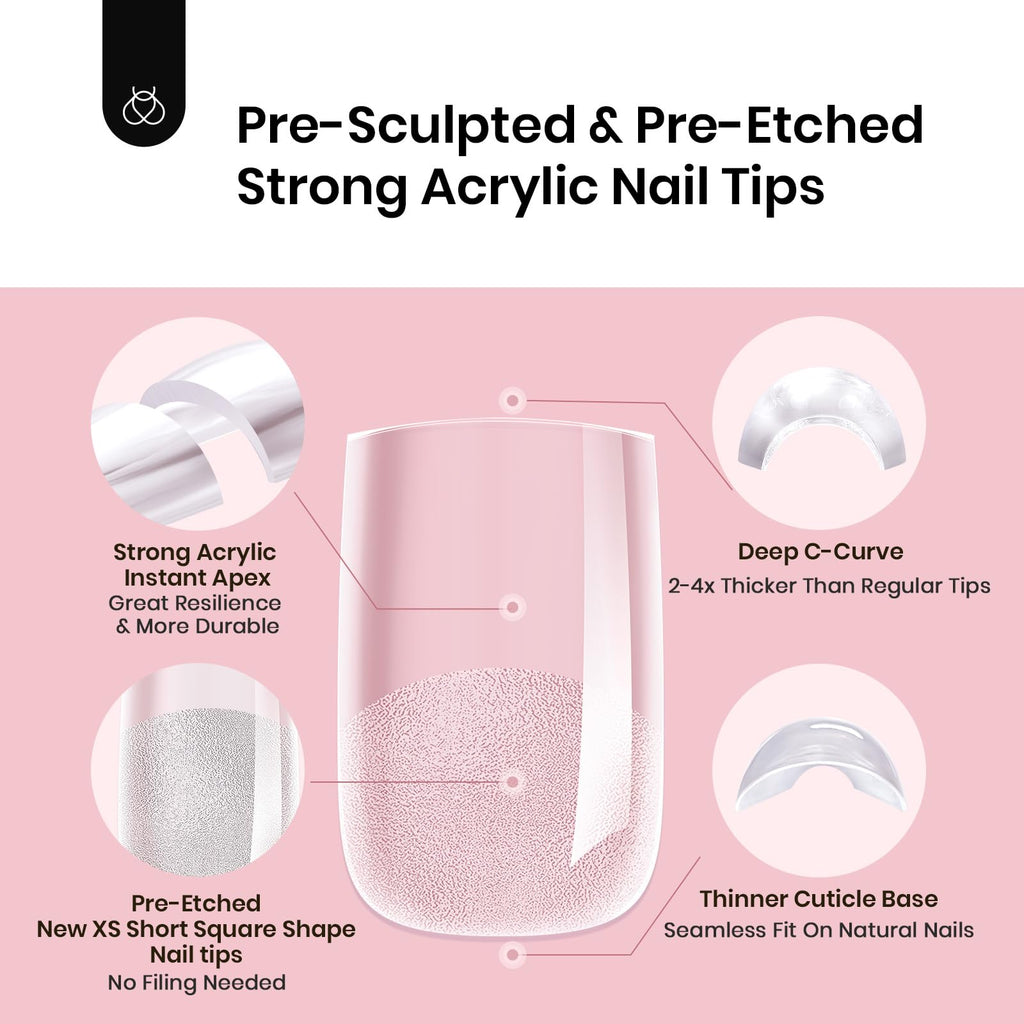 Beetles Tipex Instant Apex Nail Tips – Extra Short Square, 192 Pcs, Pre-Built & Pre-Etched, 16 Sizes