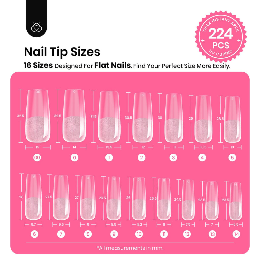 Beetles Tipex Nail Tips Kit – 224 Pre-Shaped Tips, 16 Sizes, Mini UV Lamp