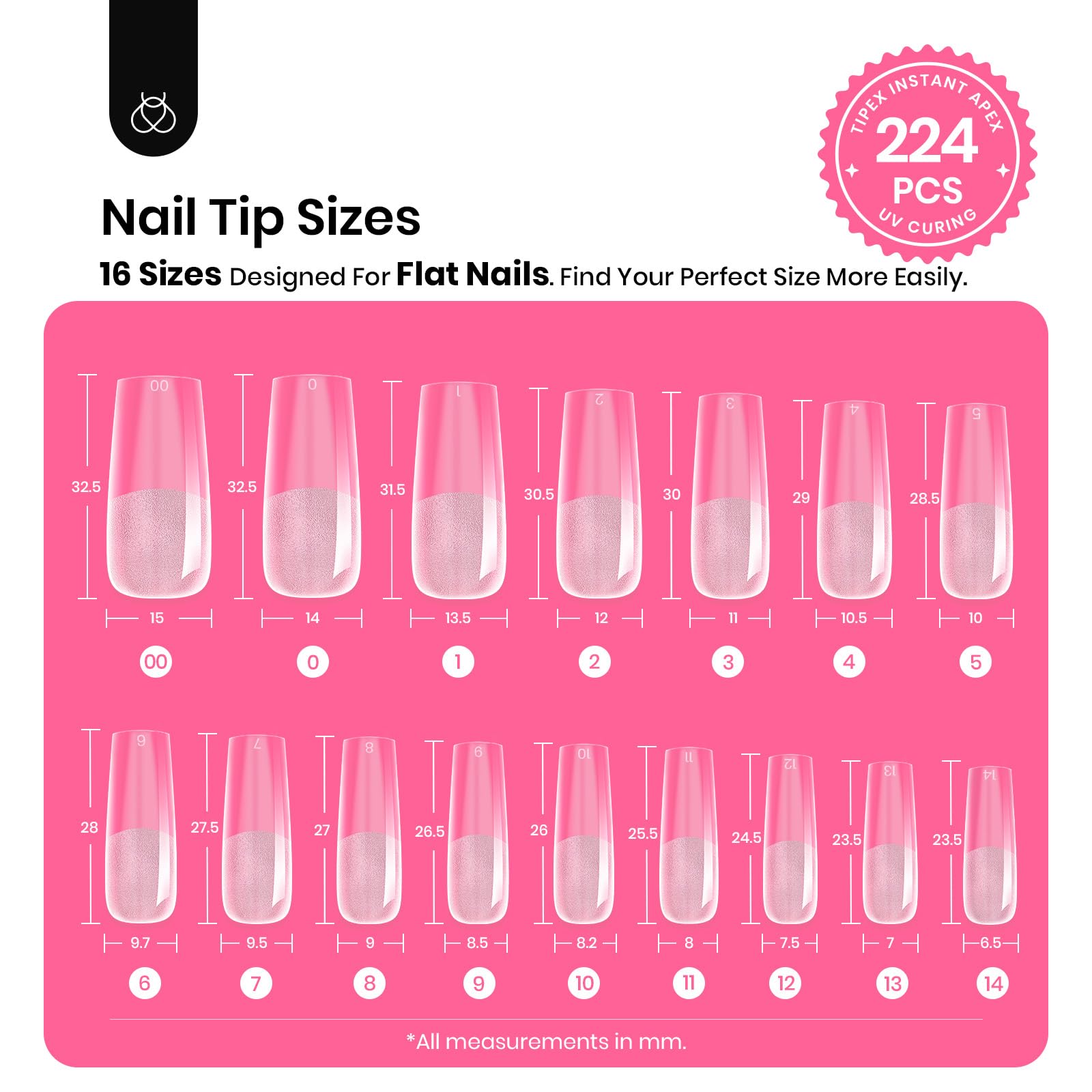 Beetles Tipex Nail Tips Kit – 224 Pre-Shaped Tips, 16 Sizes, Mini UV Lamp