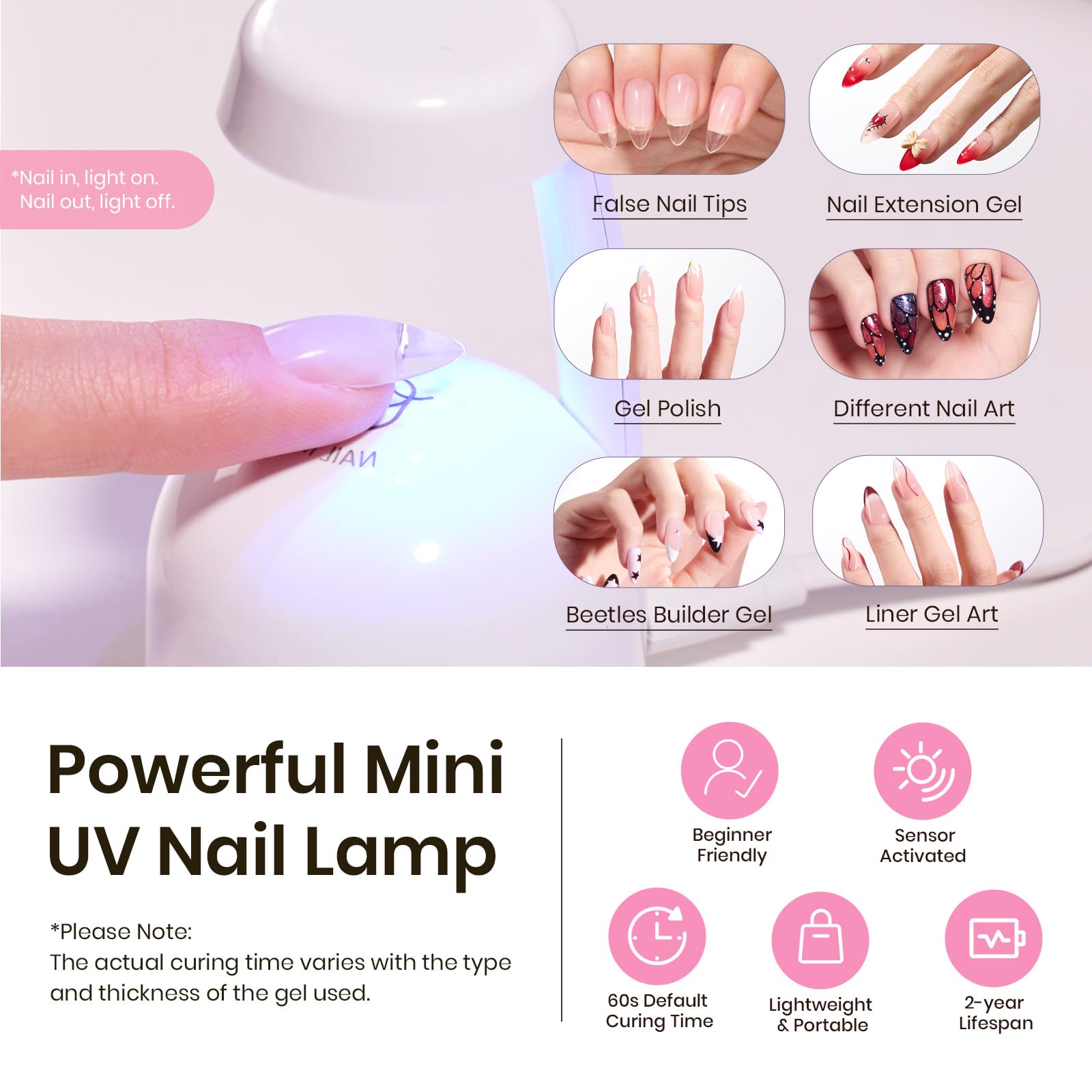 Beetles Tipex Gel Nail Kit – 224 Pre-Built Tips + Mini Lamp (Medium Almond)