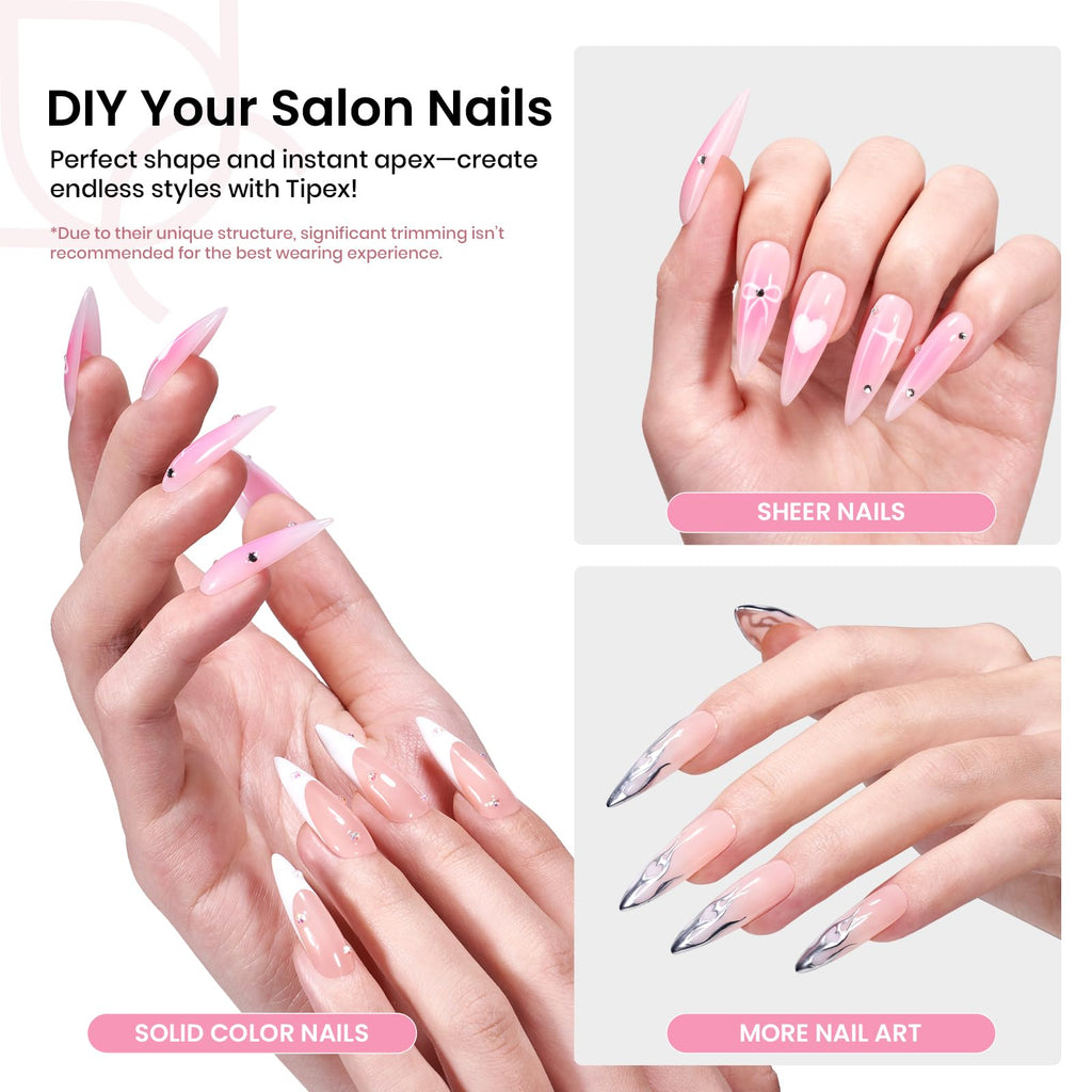Beetles Tipex Instant Apex Nail Tips Kit — Stiletto Long, 224 Tips in 16 Sizes + Mini UV Lamp