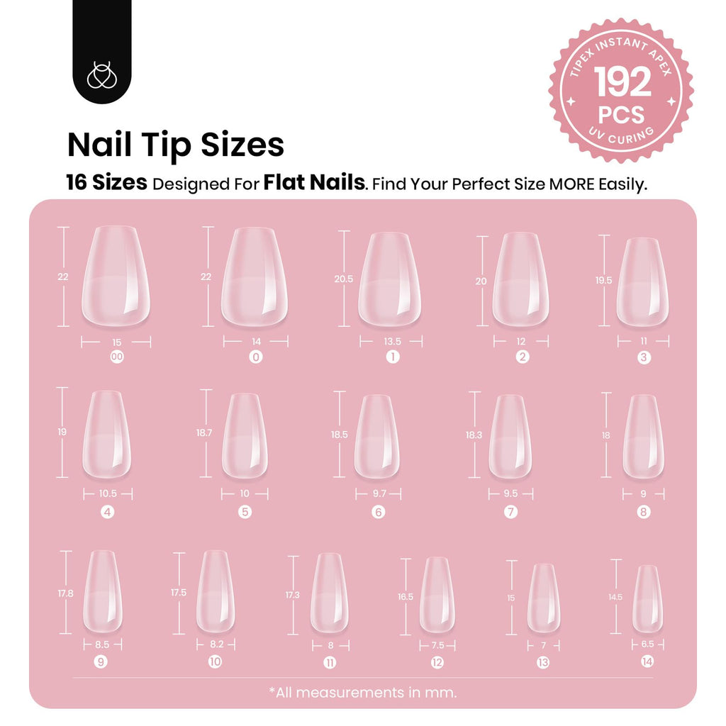 Beetles Tipex Instant Apex Short Coffin Nail Tips – 192pcs, 16 Sizes, Pre-Built & Pre-Etched