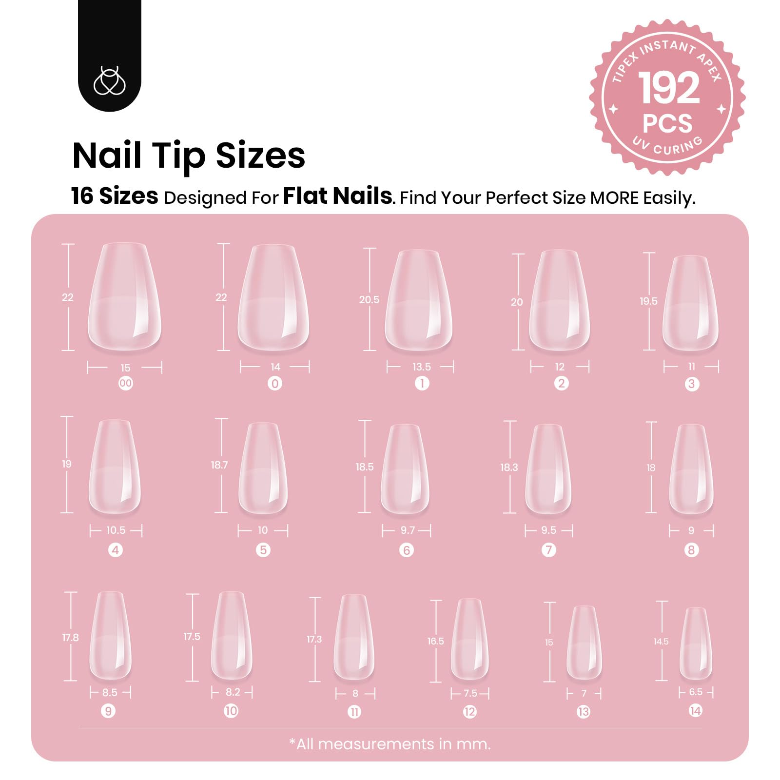 Beetles Tipex Instant Apex Short Coffin Nail Tips – 192pcs, 16 Sizes, Pre-Built & Pre-Etched
