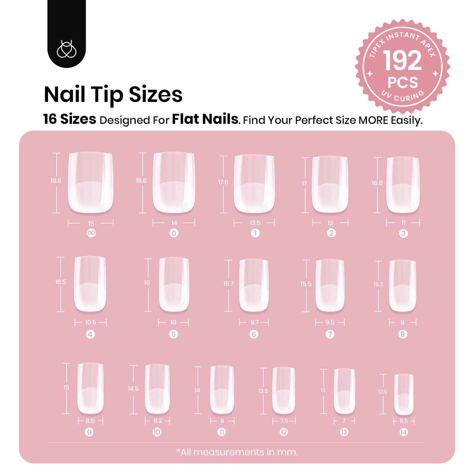 Beetles Tipex Instant Apex Nail Tips – Extra Short Square, 192 Pcs, Pre-Built & Pre-Etched, 16 Sizes