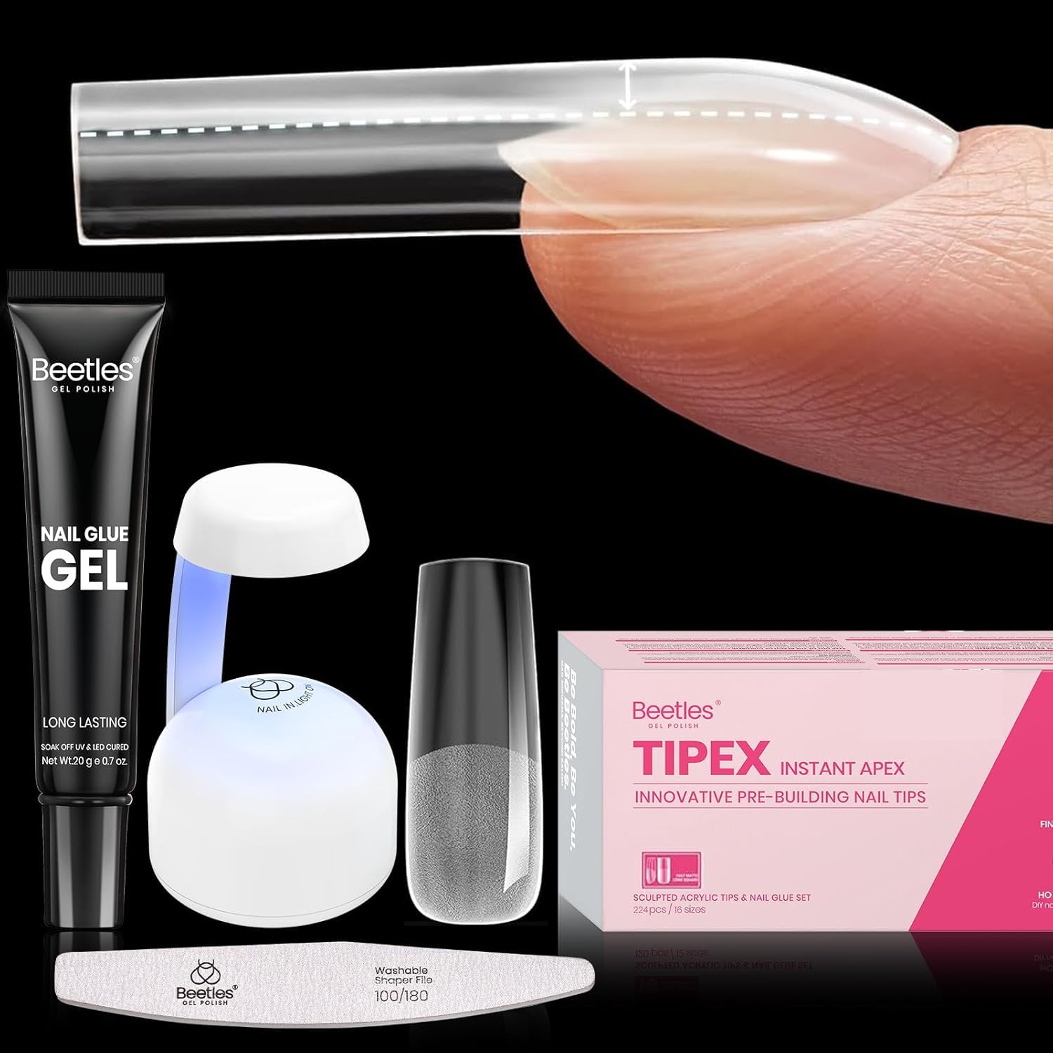 Beetles Tipex Nail Tips Kit – 224 Pre-Shaped Tips, 16 Sizes, Mini UV Lamp