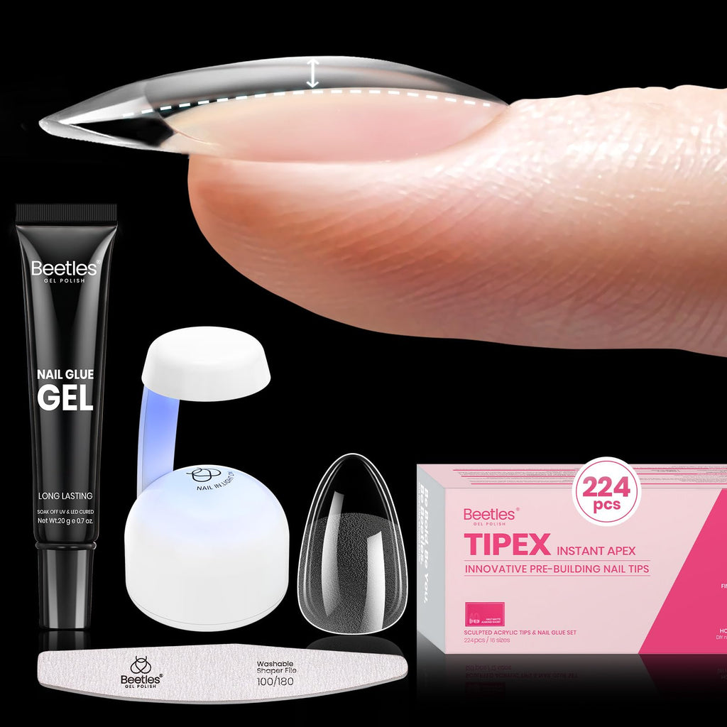 Beetles Tipex Instant Apex Nail Tips Kit – Almond Short, 224Pcs (16 Sizes) with Mini UV Lamp