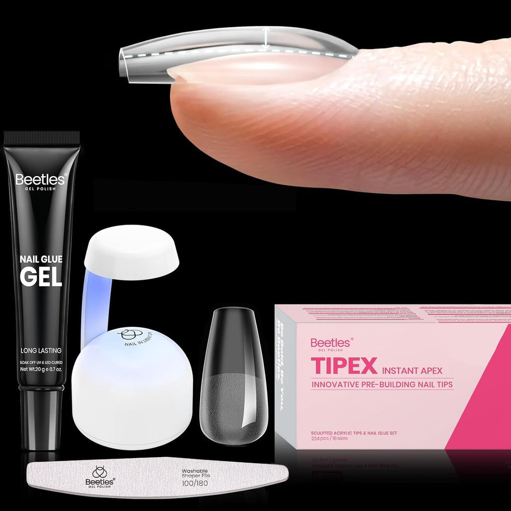 Beetles Tipex Gel Nail Kit Short Coffin – 224 Pcs, 16 Sizes, Glue & Mini UV Lamp