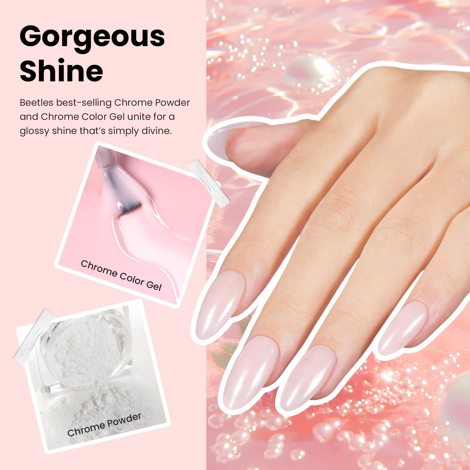 Beetles Chrome Nail Powder Gel Polish Kit – Pearl Glazed Donut Mirror Finish with Base & Top Coat