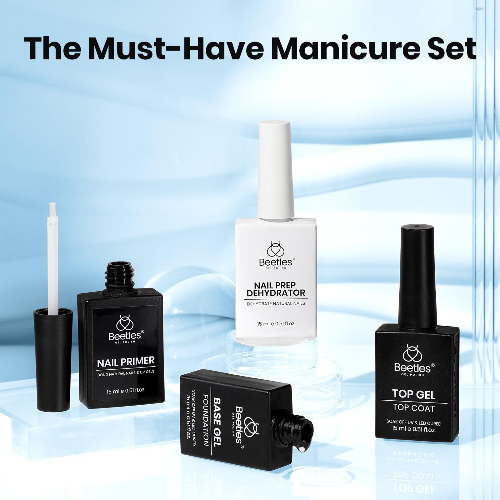 Beetles 4Pcs Gel Nail Prep Set: Base Coat, Top Coat, Dehydrator & Primer (Acid-Free, HEMA-Free) for Gel & Acrylic – Long-Lasting Professional Prep