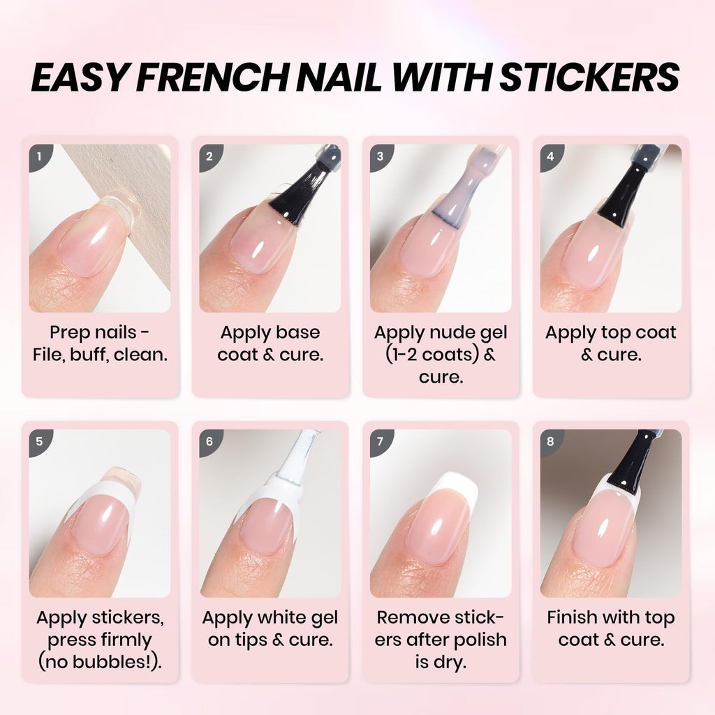 Beetles French Tip Gel Polish Set – Nude Pink & White, UV/LED Soak-Off, 2 Sticker Styles
