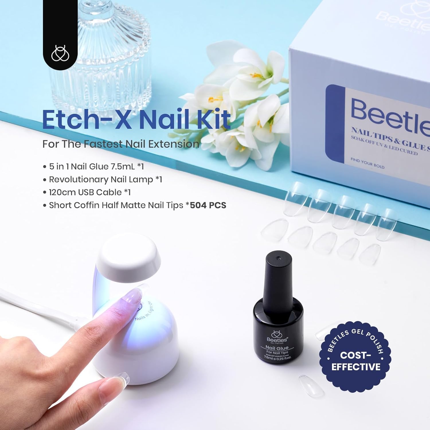 Beetles Gel Nail Kit Coffin 504Pcs – 5-in-1 Base Gel + UV LED Lamp for DIY Nails