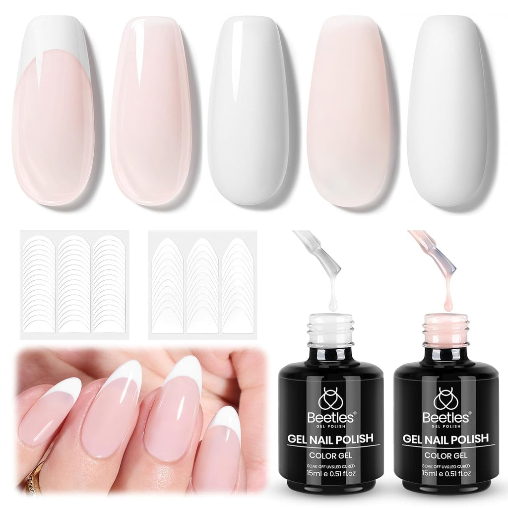 Beetles French Tip Gel Polish Set – Nude Pink & White, UV/LED Soak-Off, 2 Sticker Styles