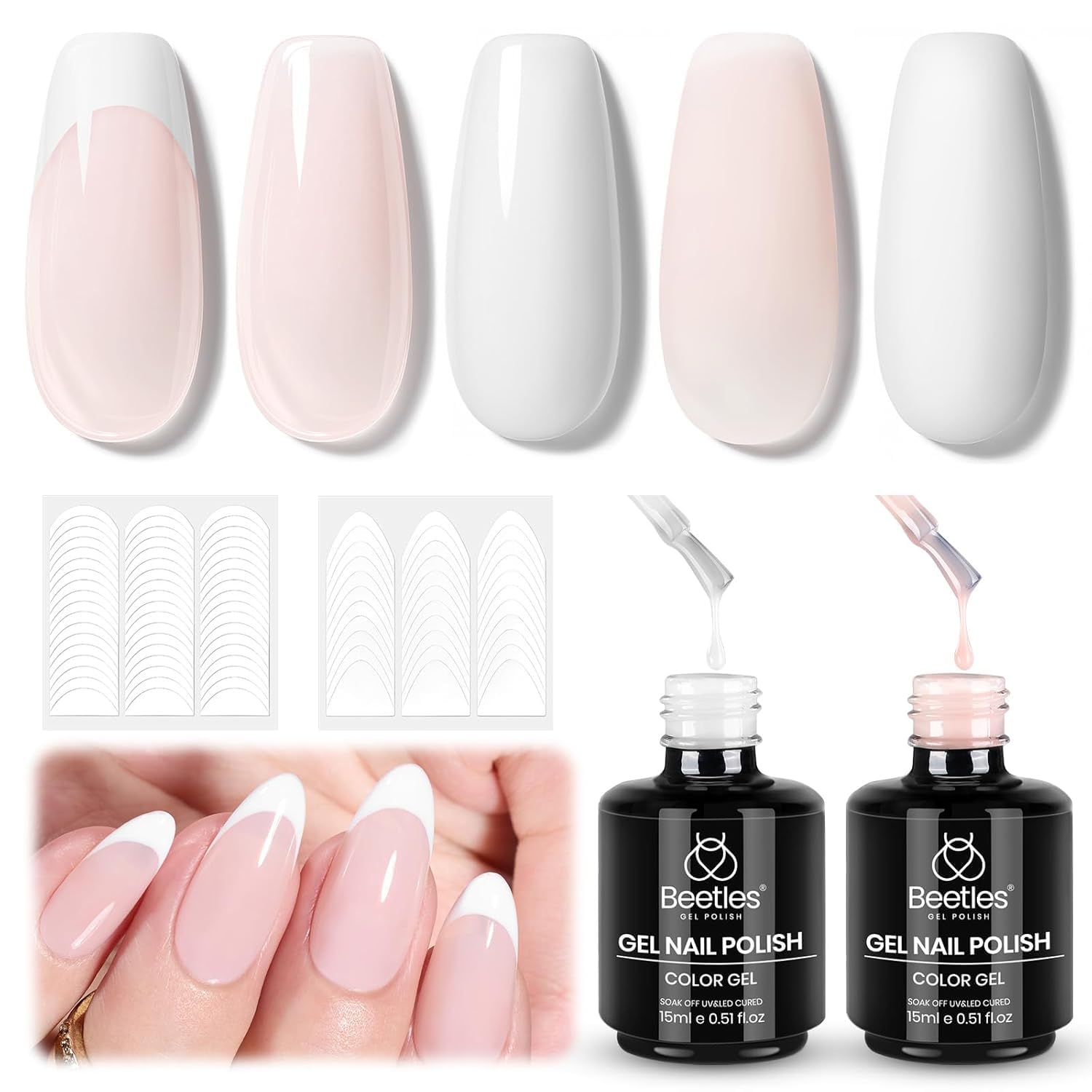 Beetles French Tip Gel Polish Set – Nude Pink & White, UV/LED Soak-Off, 2 Sticker Styles