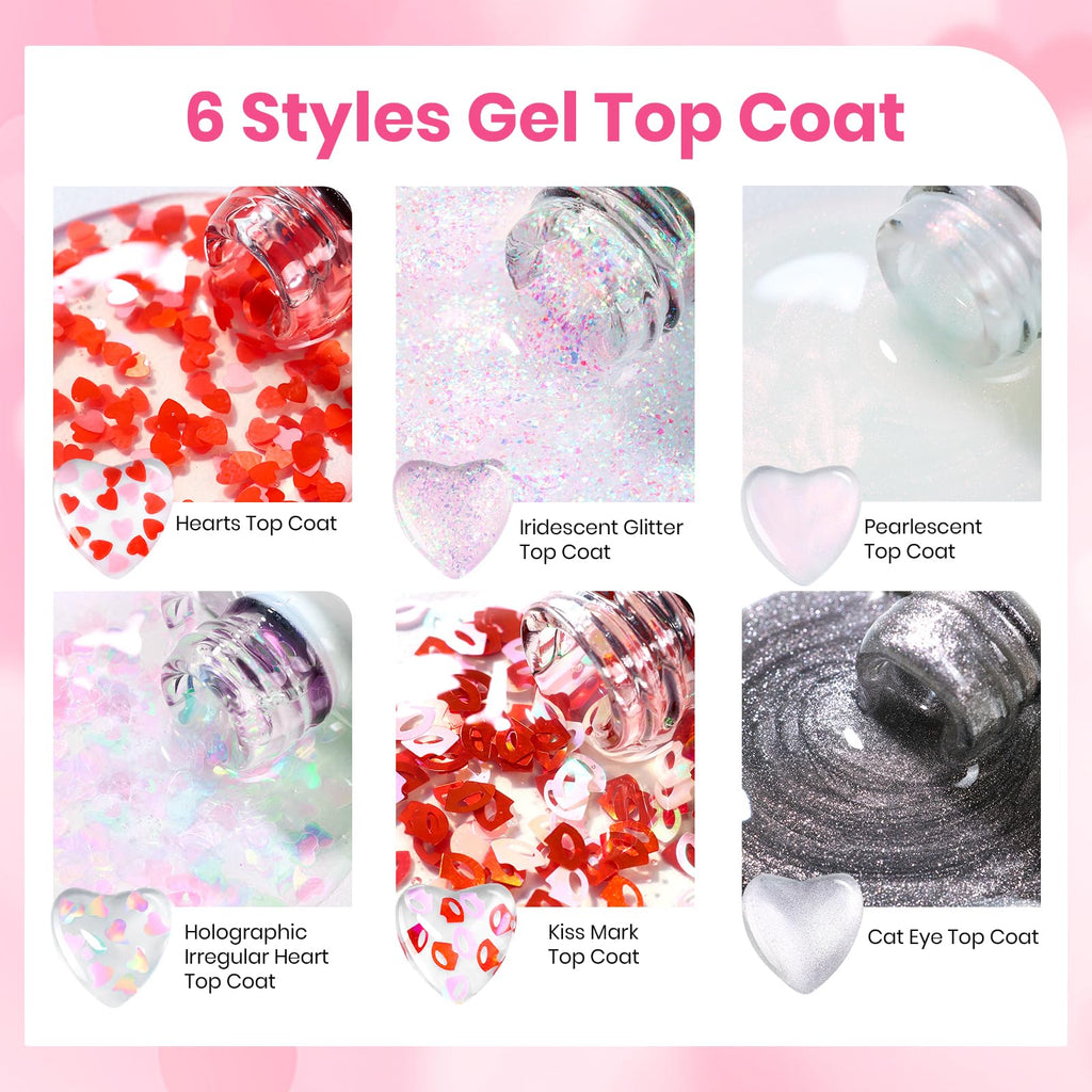 Beetles Valentine's Limited Gel Top Coat Set – 6×10ml Heart, Kiss Mark & Cat Eye Glitter