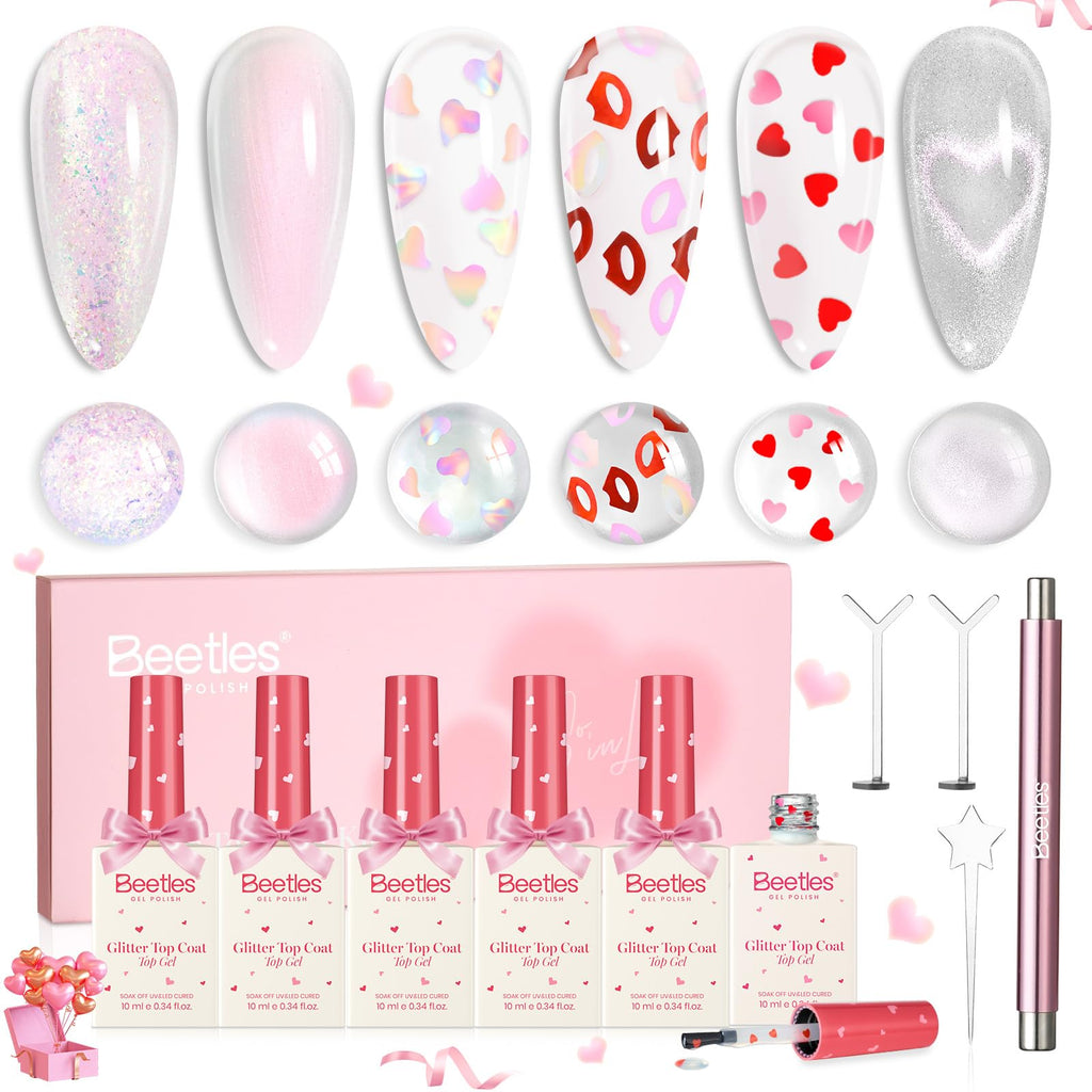Beetles Valentine's Limited Gel Top Coat Set – 6×10ml Heart, Kiss Mark & Cat Eye Glitter