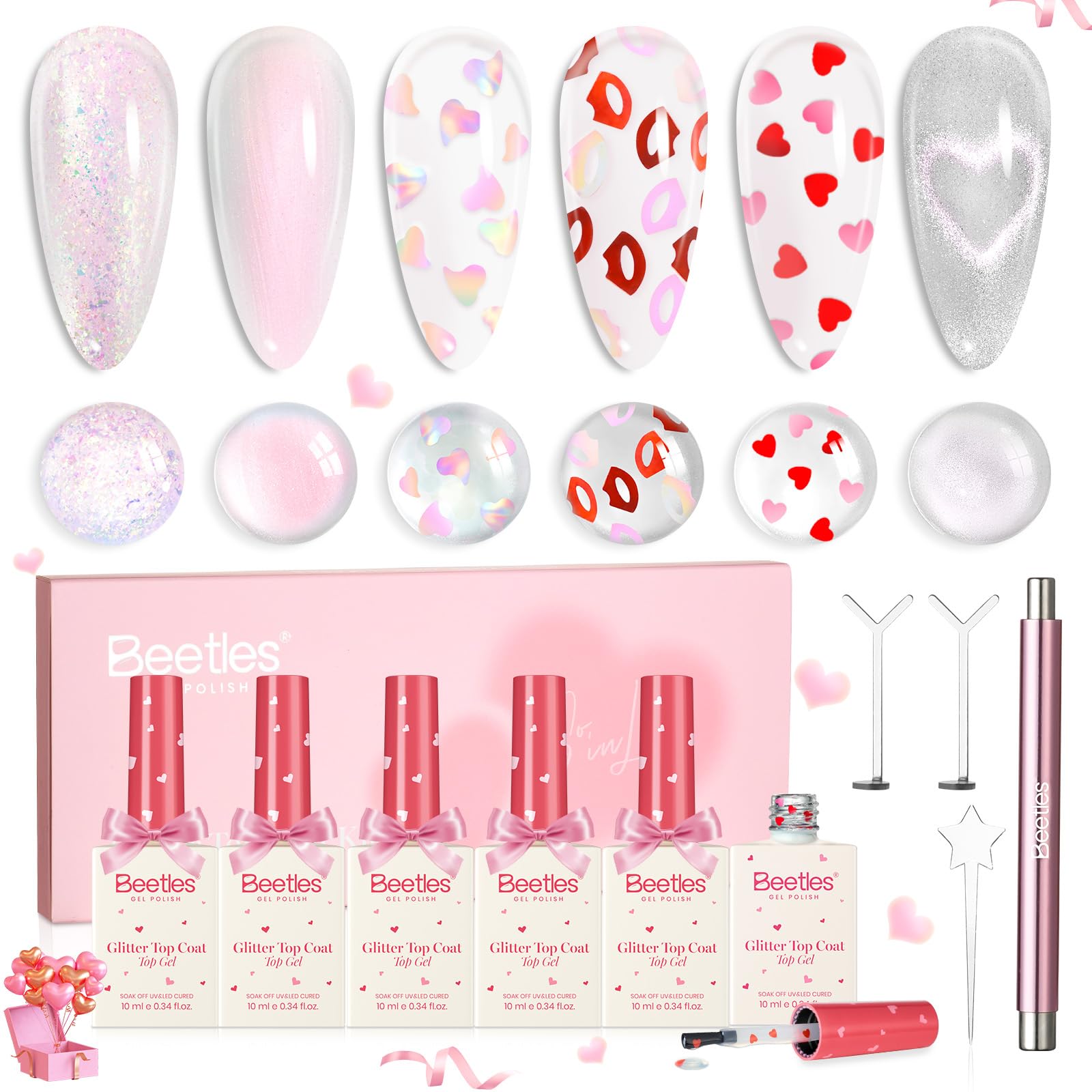 Beetles Valentine's Limited Gel Top Coat Set – 6×10ml Heart, Kiss Mark & Cat Eye Glitter
