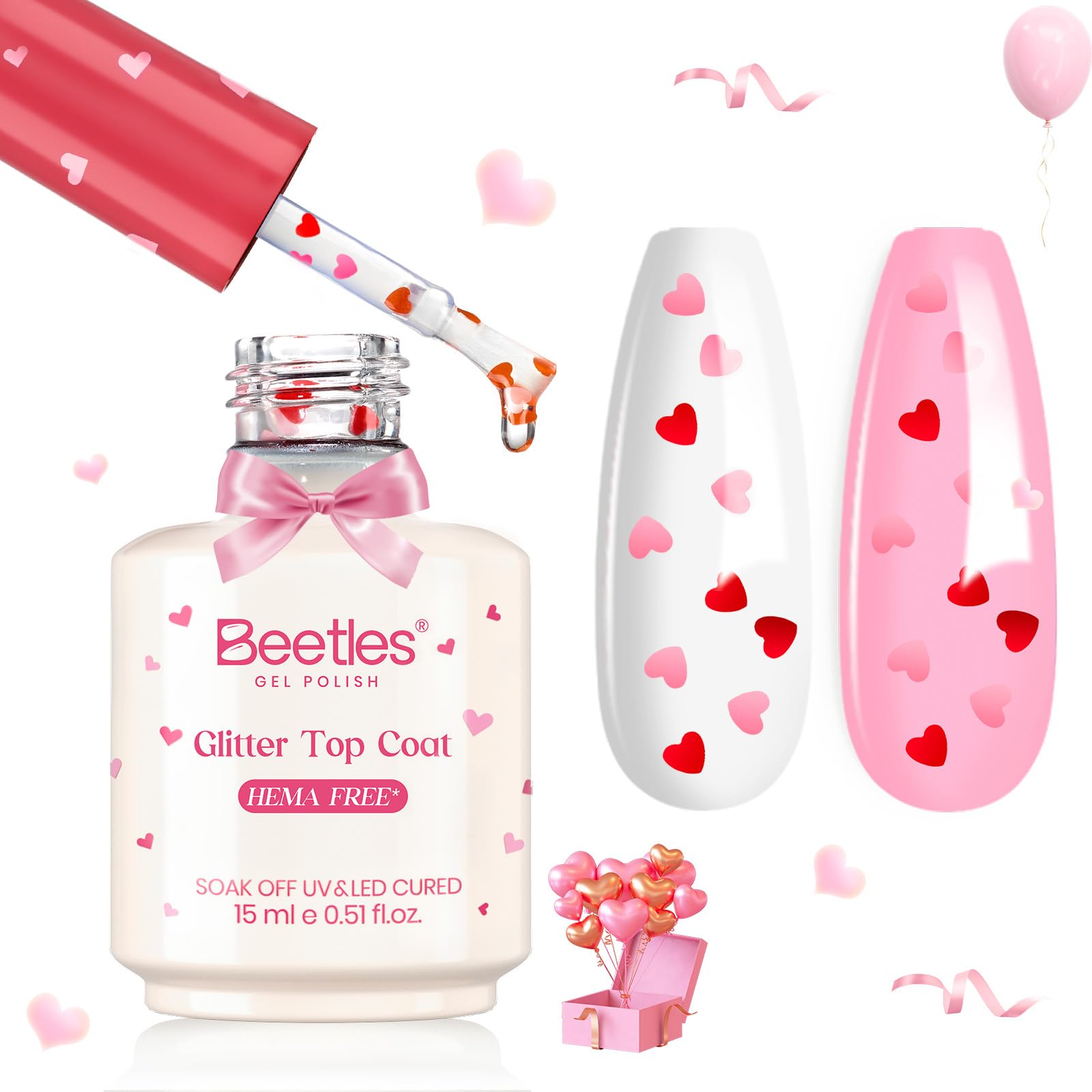 Beetles Valentine's Day Heart Gel Top Coat 15ml – HEMA-Free Glitter Shine, No Wipe, 21 Day Wear