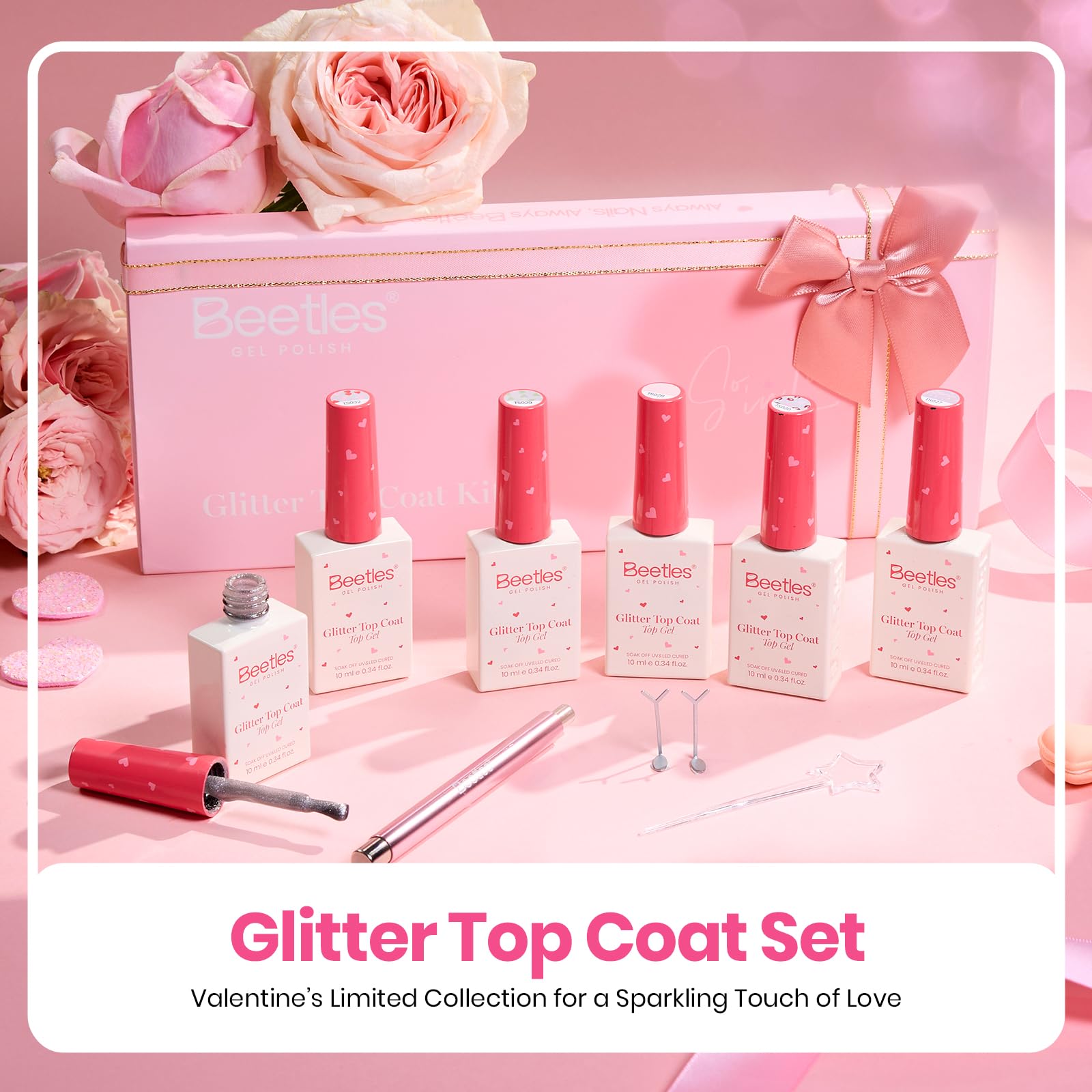Beetles Valentine's Limited Gel Top Coat Set – 6×10ml Heart, Kiss Mark & Cat Eye Glitter