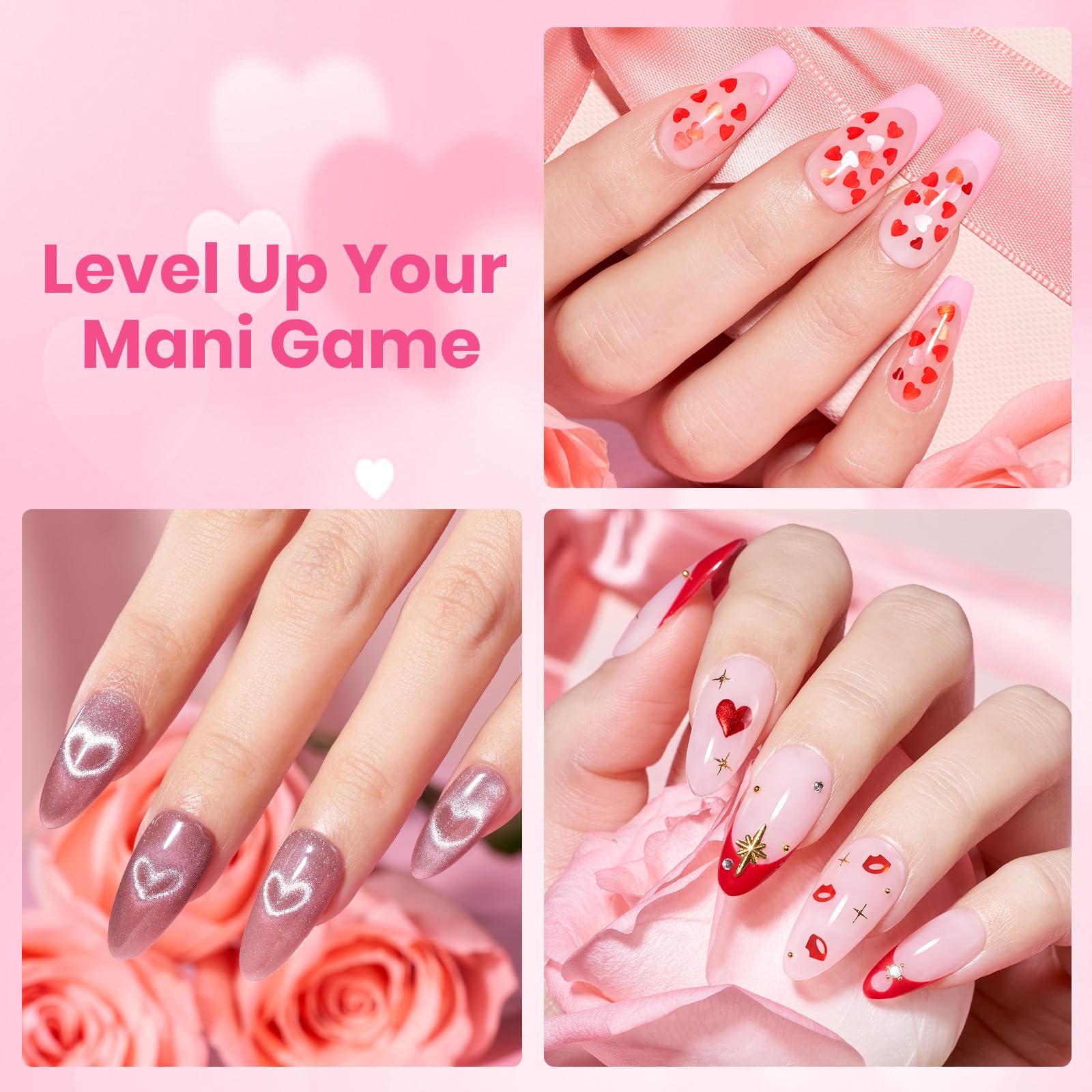 Beetles Valentine's Limited Gel Top Coat Set – 6×10ml Heart, Kiss Mark & Cat Eye Glitter