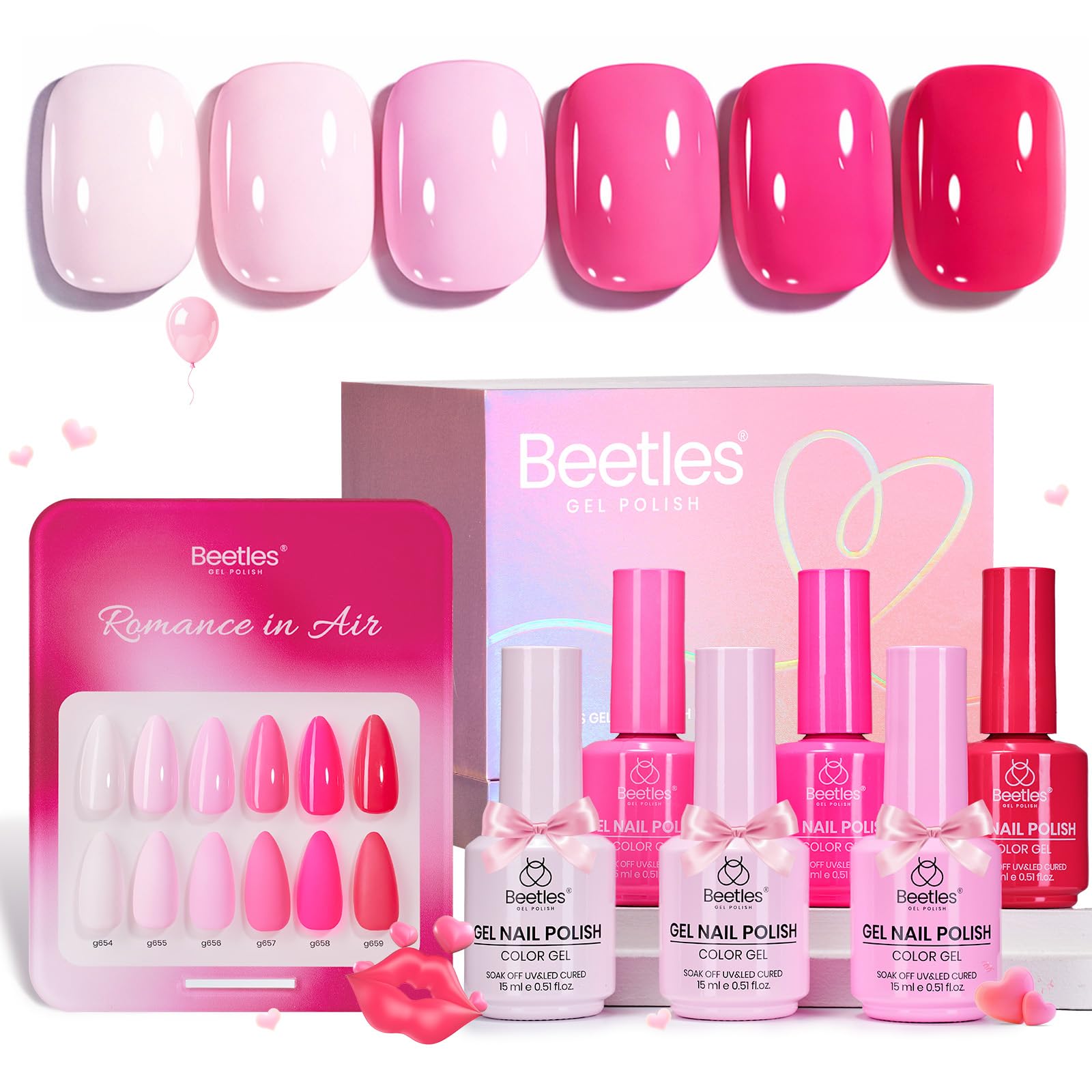 beetles Valentines Pink Gel Polish Set – Romance in Air Collection, 6-Color 15ml Soak-Off Kit