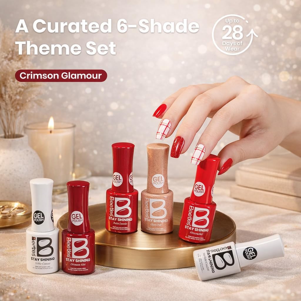 Beetles Valentines Gel Nail Polish Set – 6 Crimson Glamour Colors for At-Home Nail Art