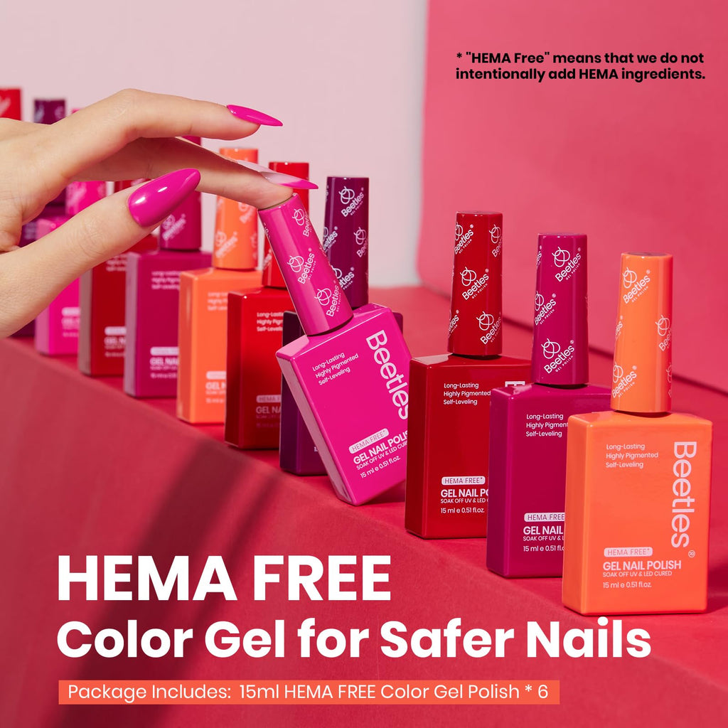 Beetles Red Pink Gel Polish Set - 6 HEMA-Free Colors, 15ml UV LED